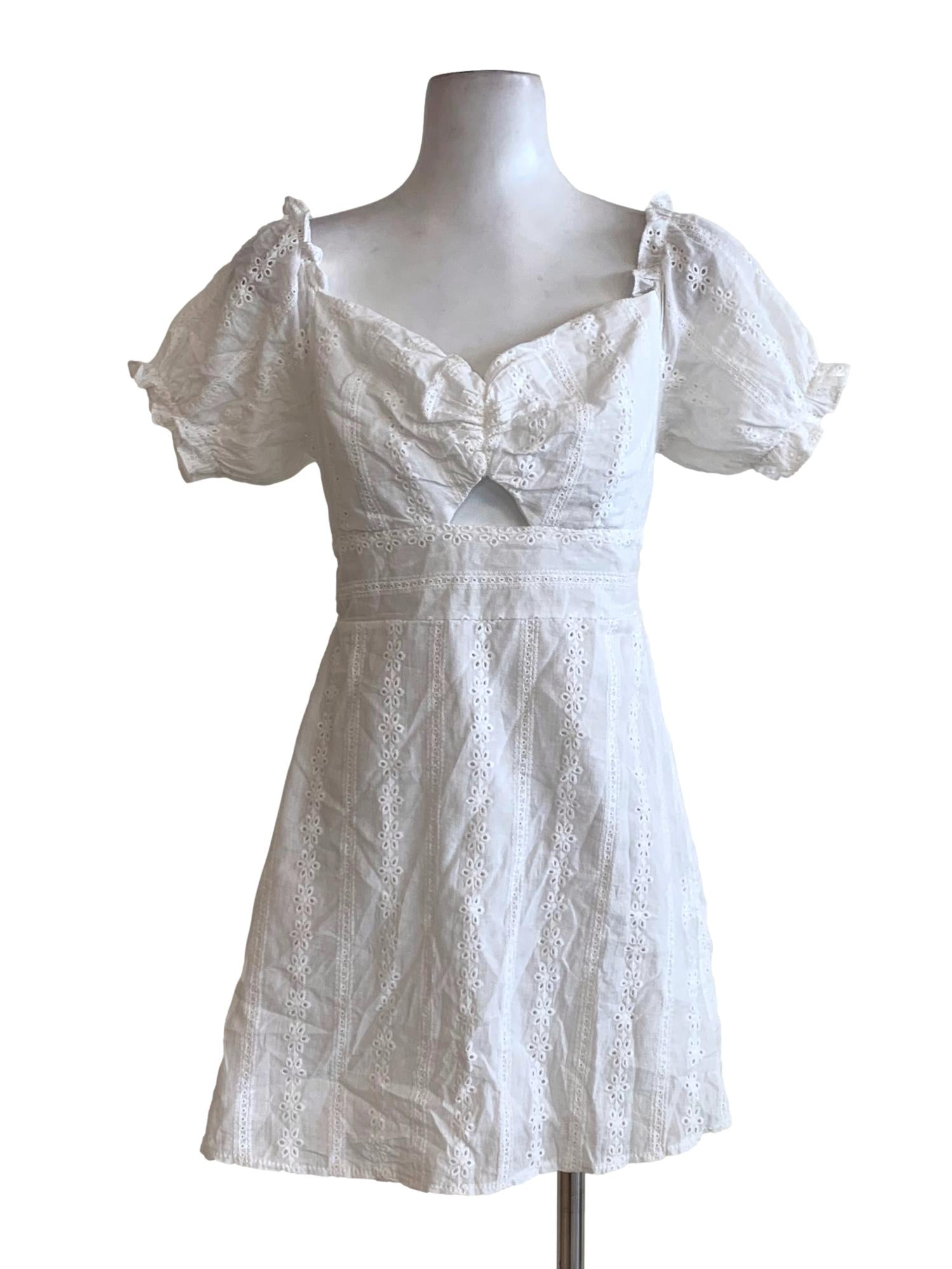 Off White Embroidery Puff Sleeve Mini Dress