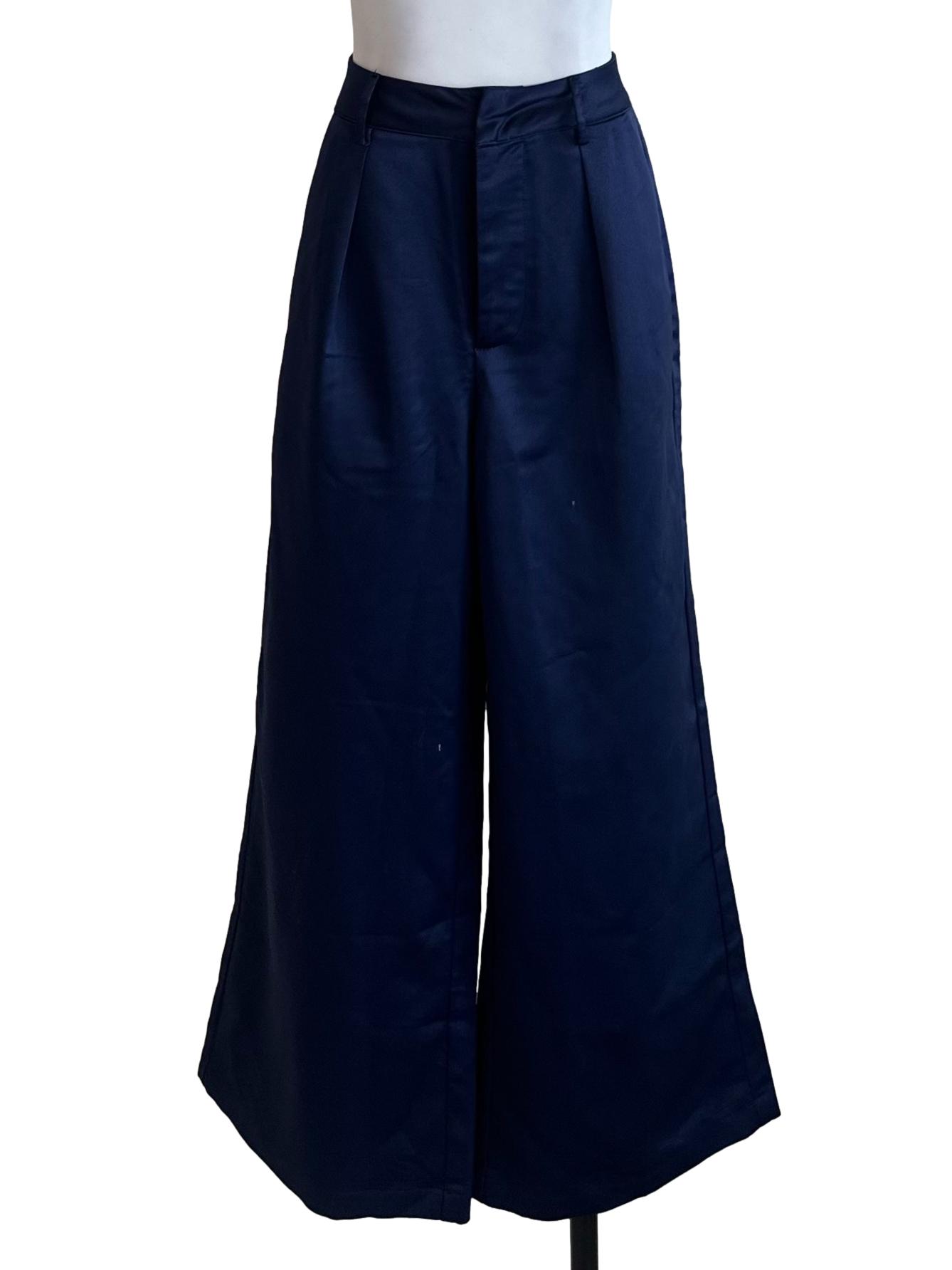 Navy Blue Satin Flare Pants