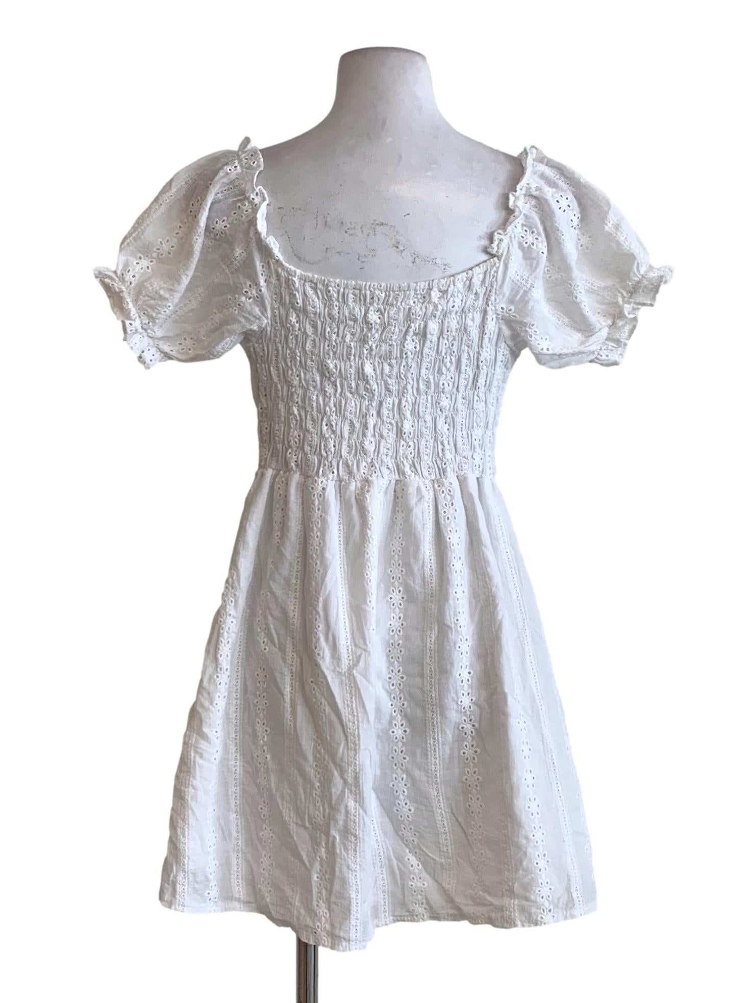 Off White Embroidery Puff Sleeve Mini Dress