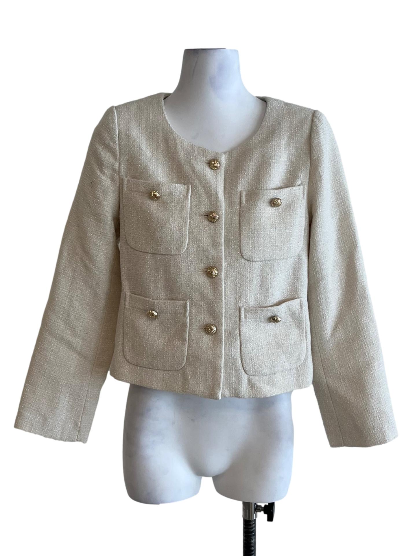 Cream Beige Tweed Pocket Detail Blazer