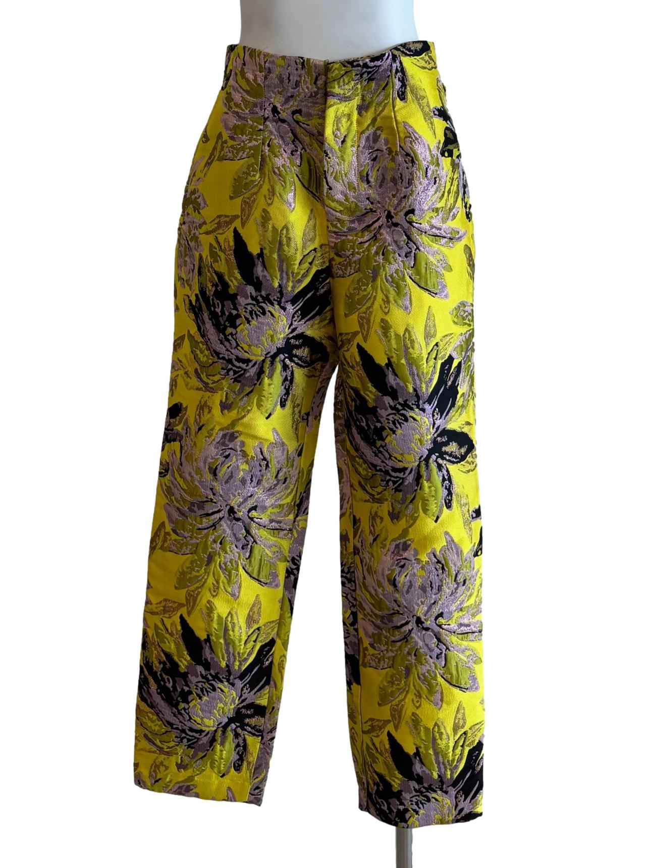 Yellow Floral Slim Fit Brocade Pants
