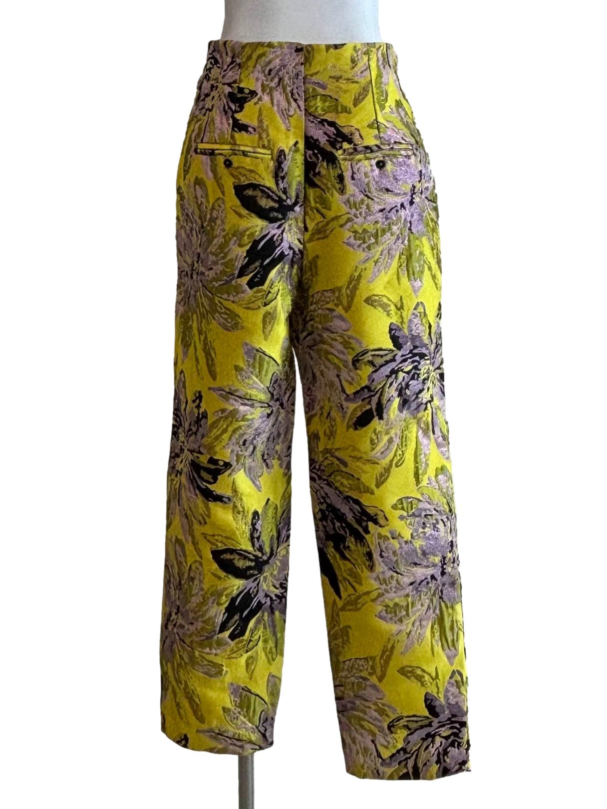 Yellow Floral Slim Fit Brocade Pants
