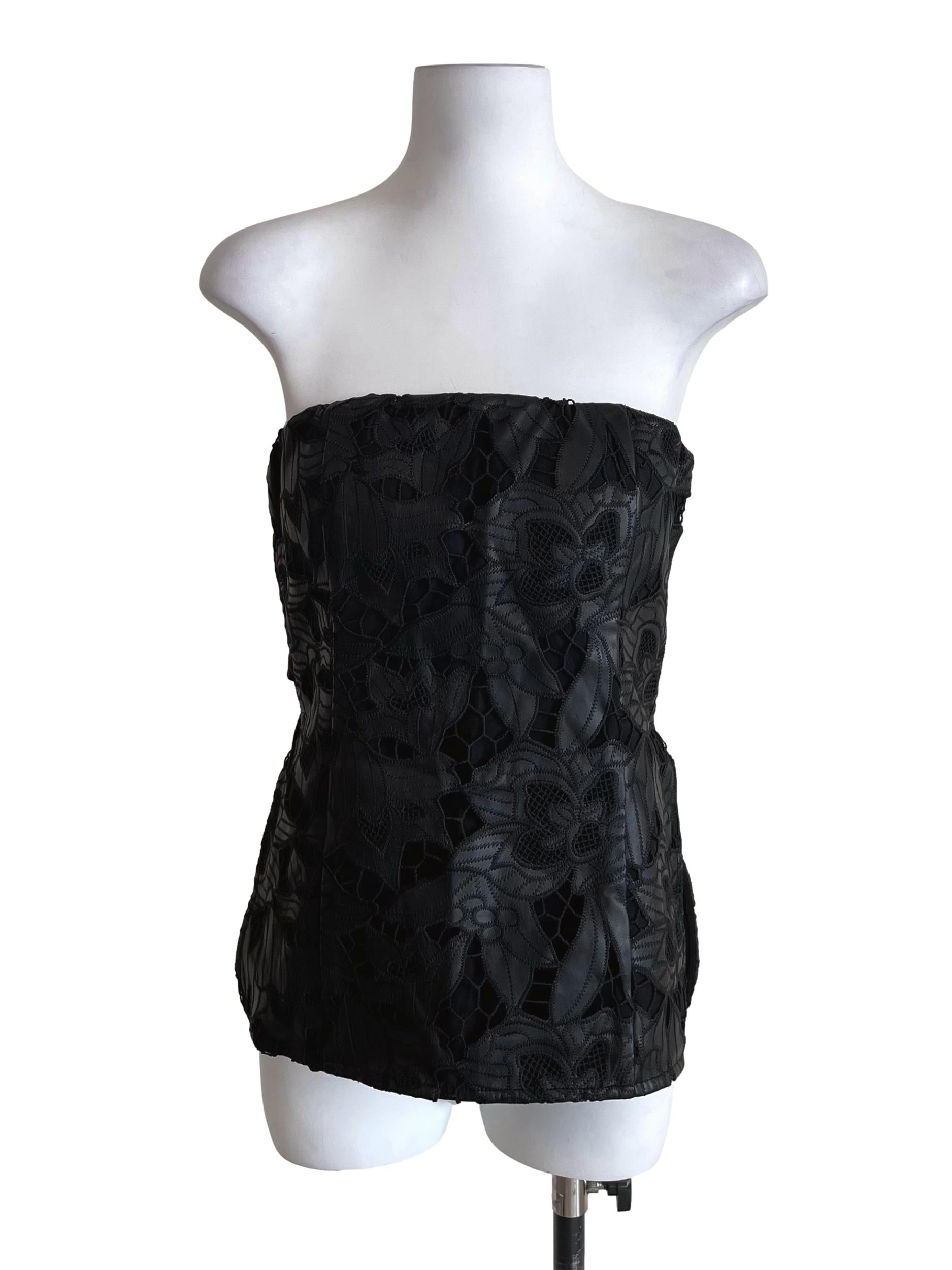 Black Leather Embroidery Strapless Top LB
