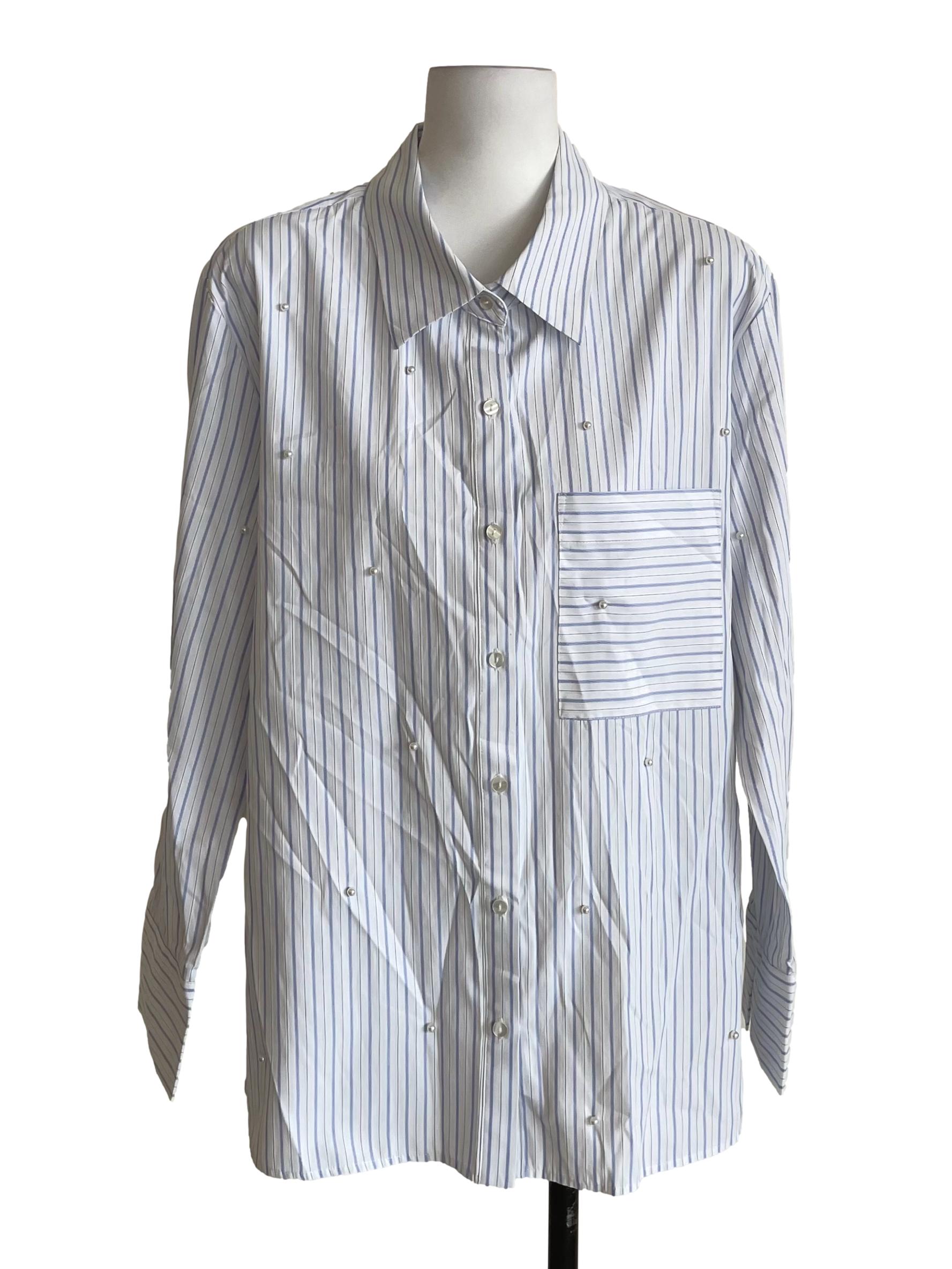 White & Blue Stripes Pearls Oversized Oxford Shirt LB