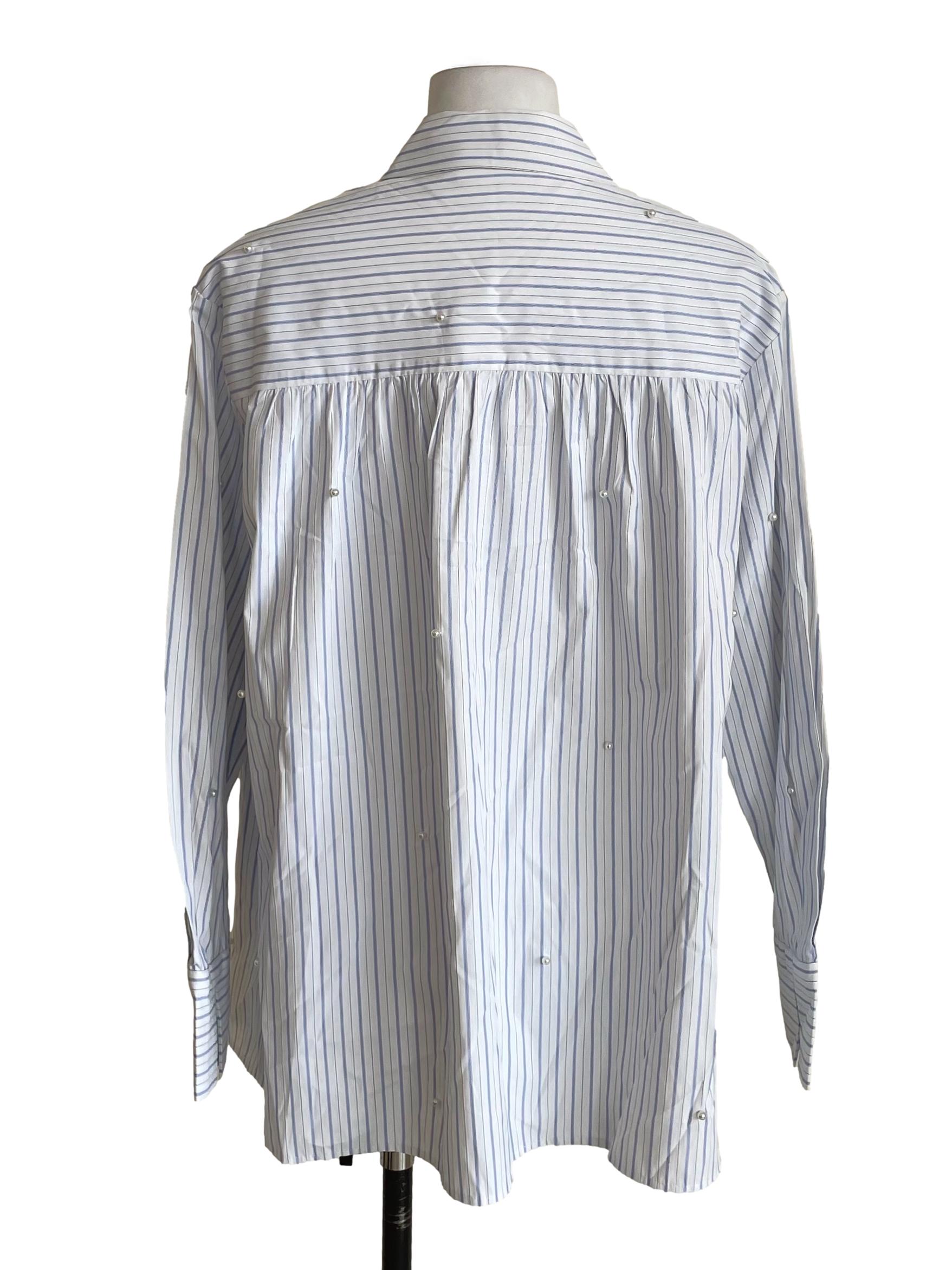 White & Blue Stripes Pearls Oversized Oxford Shirt LB