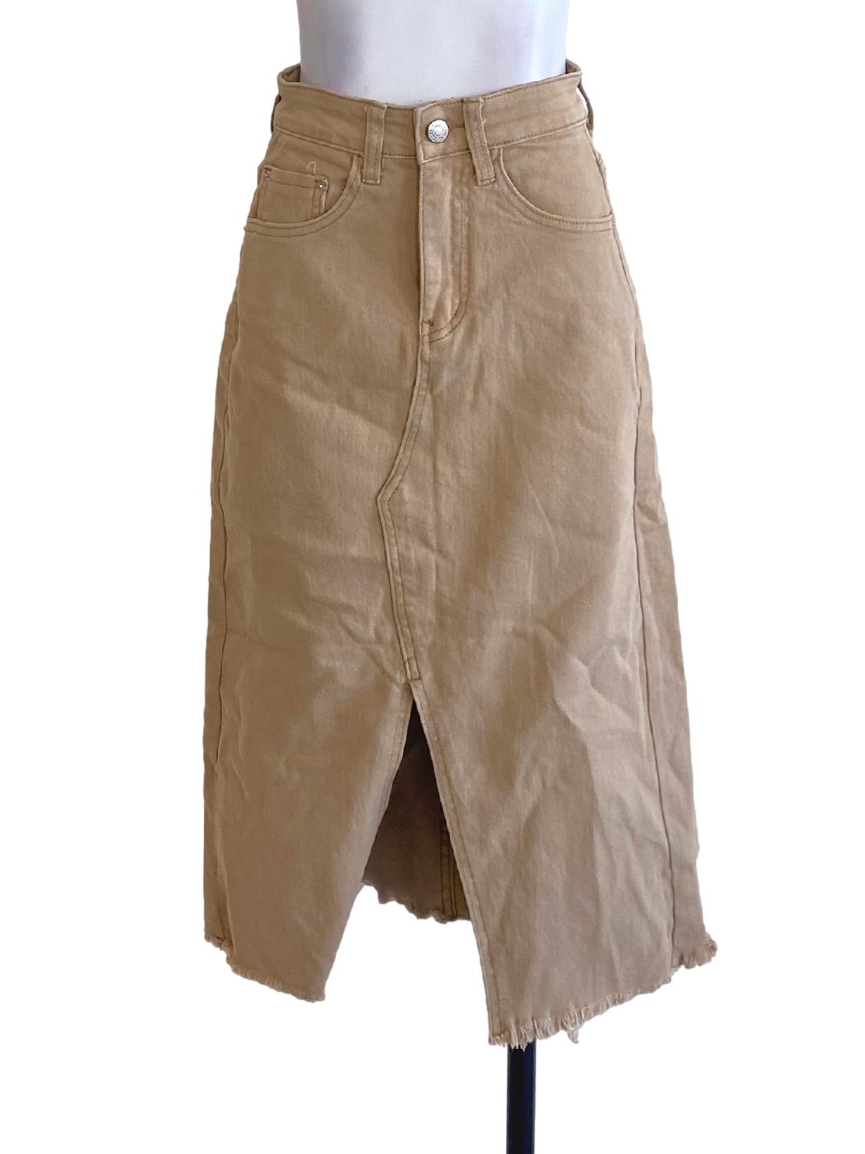 Light Cedar Brown Buttoned Long Slit Denim Skirt TWL