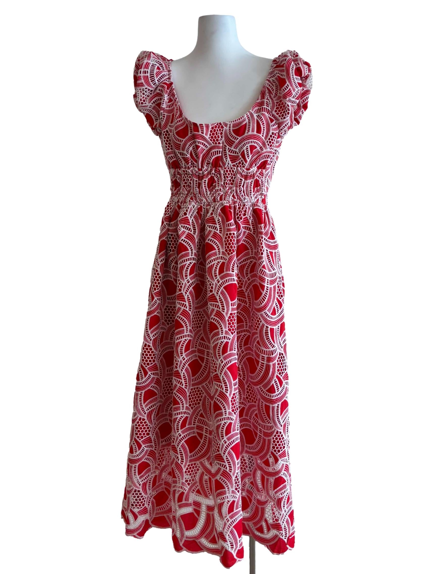 Red Wide Neck Patterned Embroidery Dress