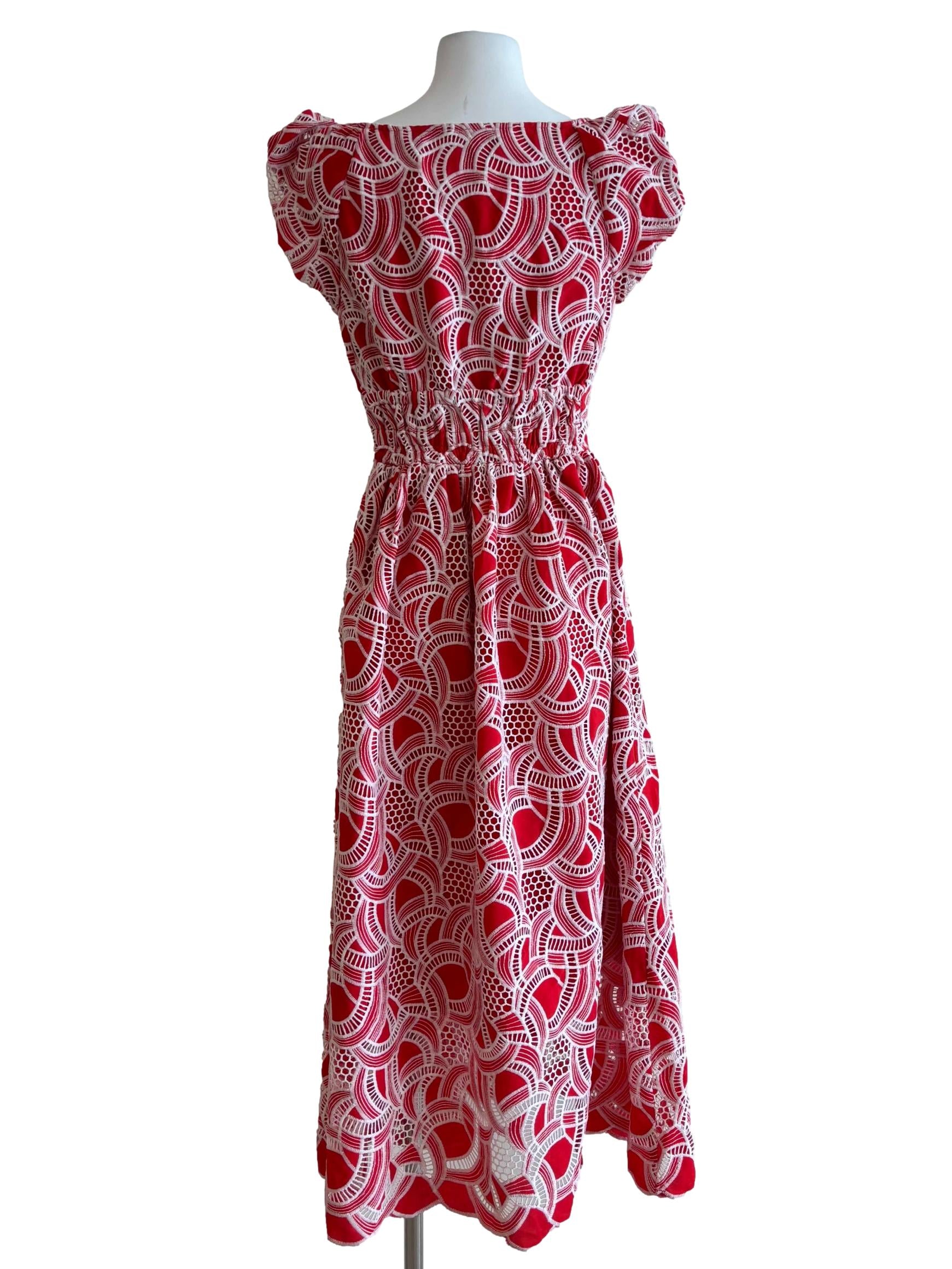 Red Wide Neck Patterned Embroidery Dress