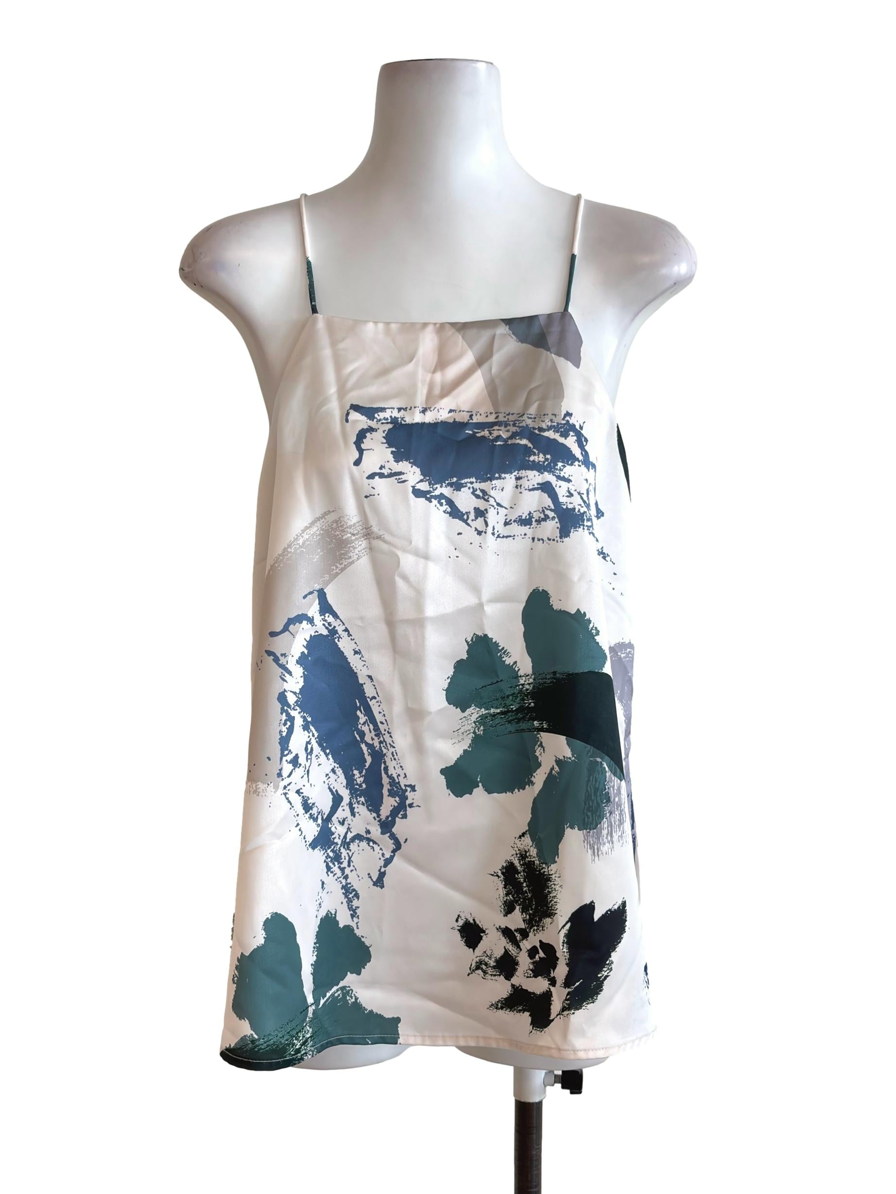 White Print Satin-Feel Spaghetti Top LB
