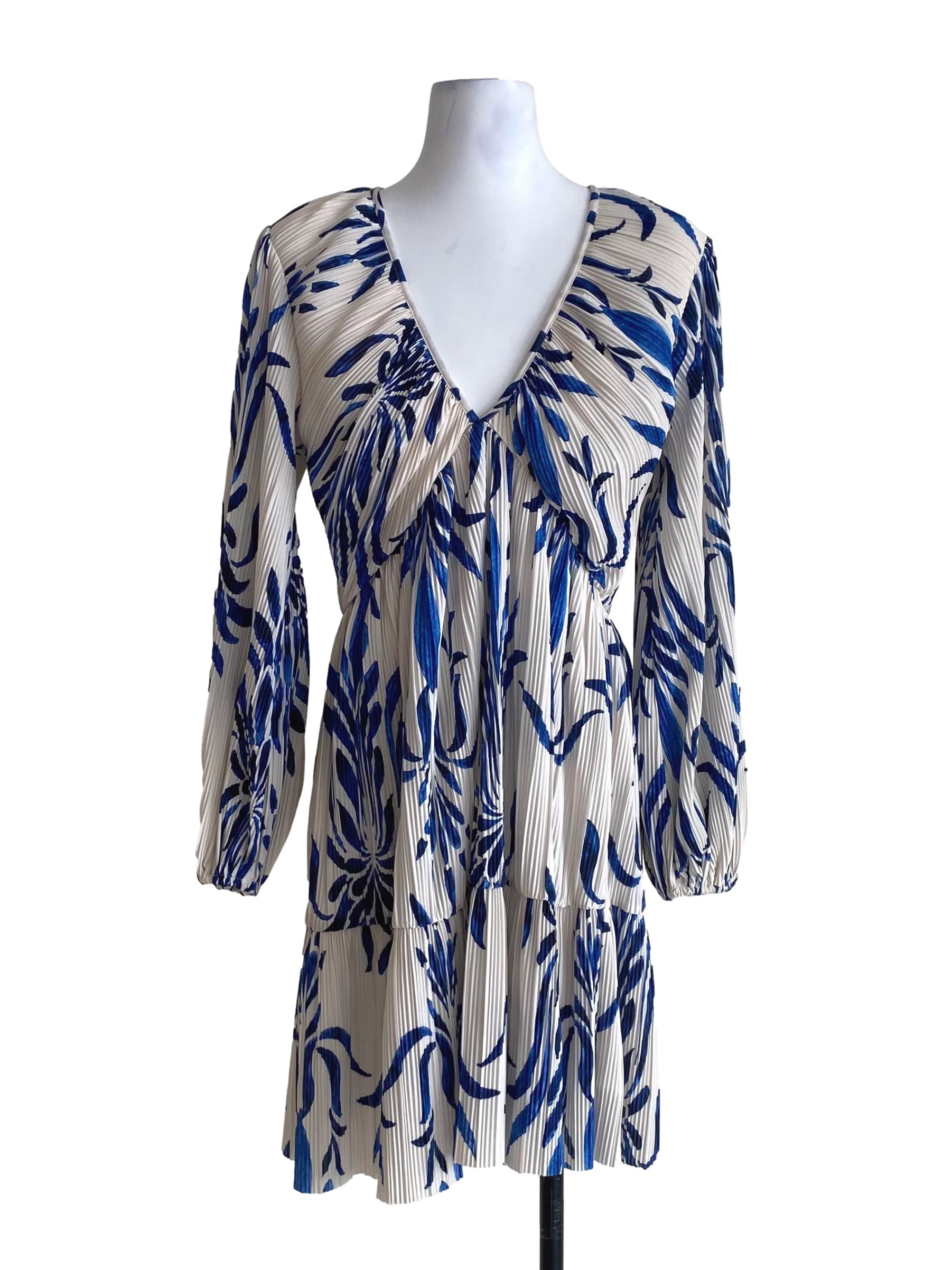Powder White With Royal Blue Floral Pattern V-Neck Pleated Dress