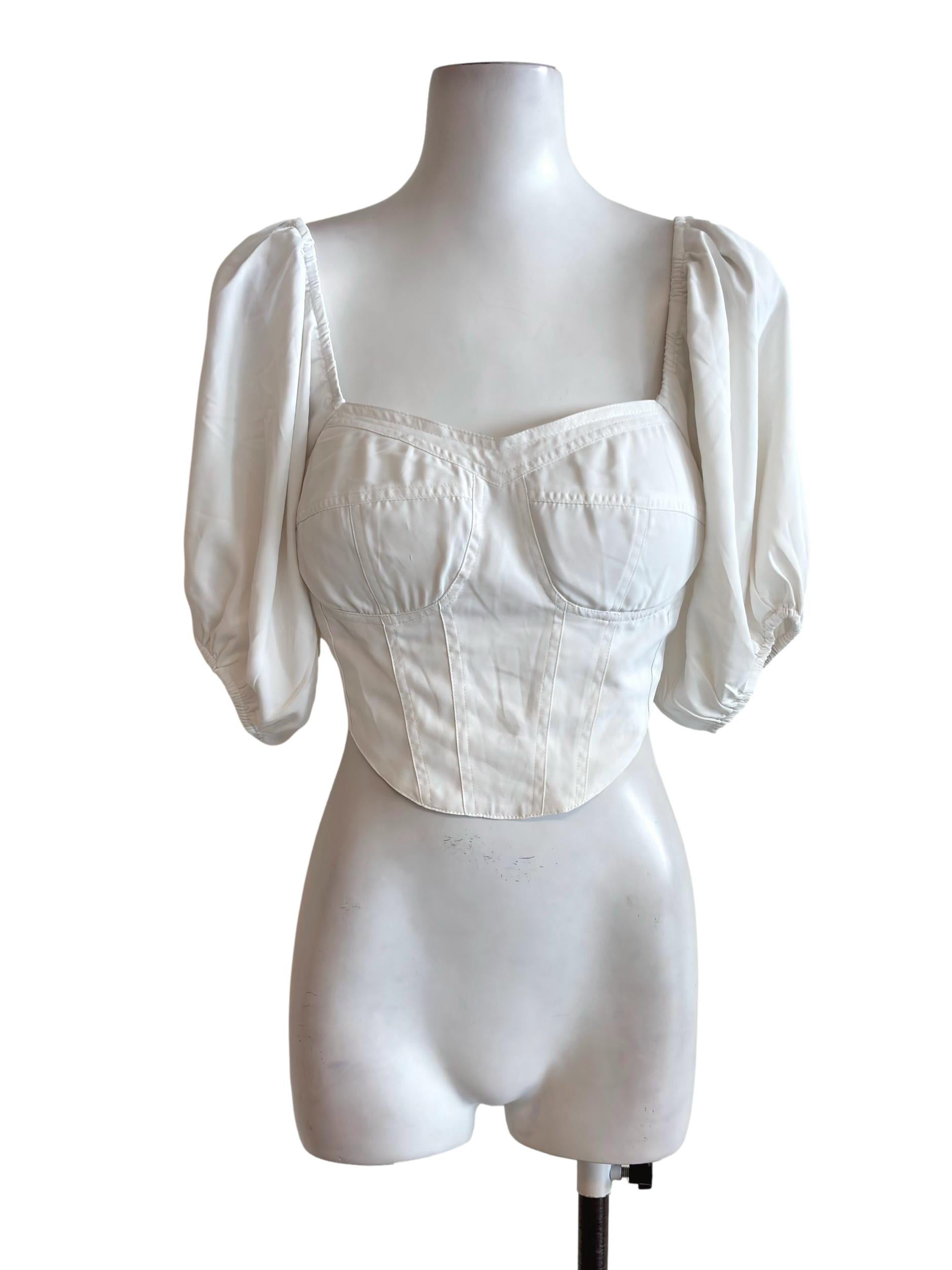 White Puff Sleeve Curved Crop Top YHF