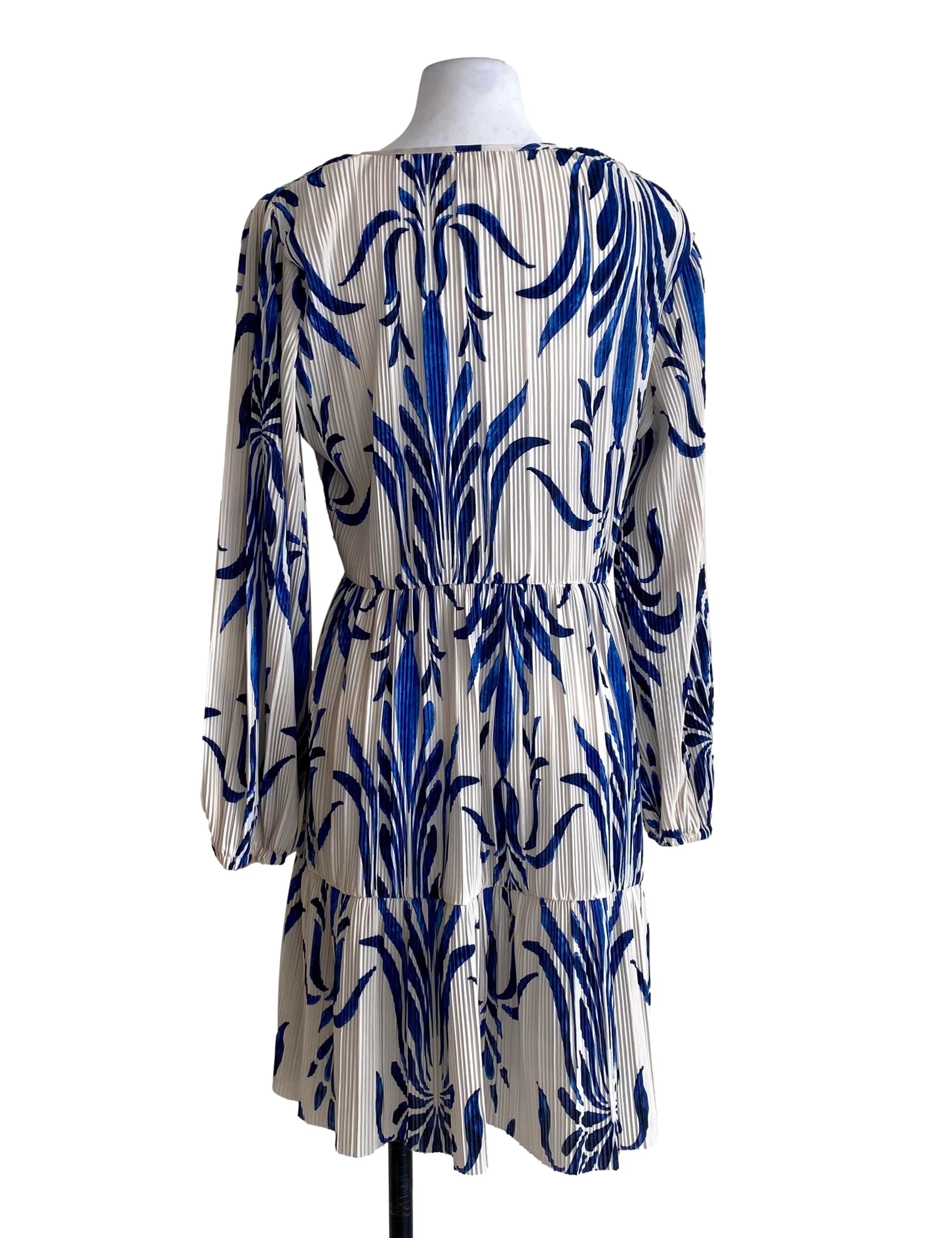 Powder White With Royal Blue Floral Pattern V-Neck Pleated Dress