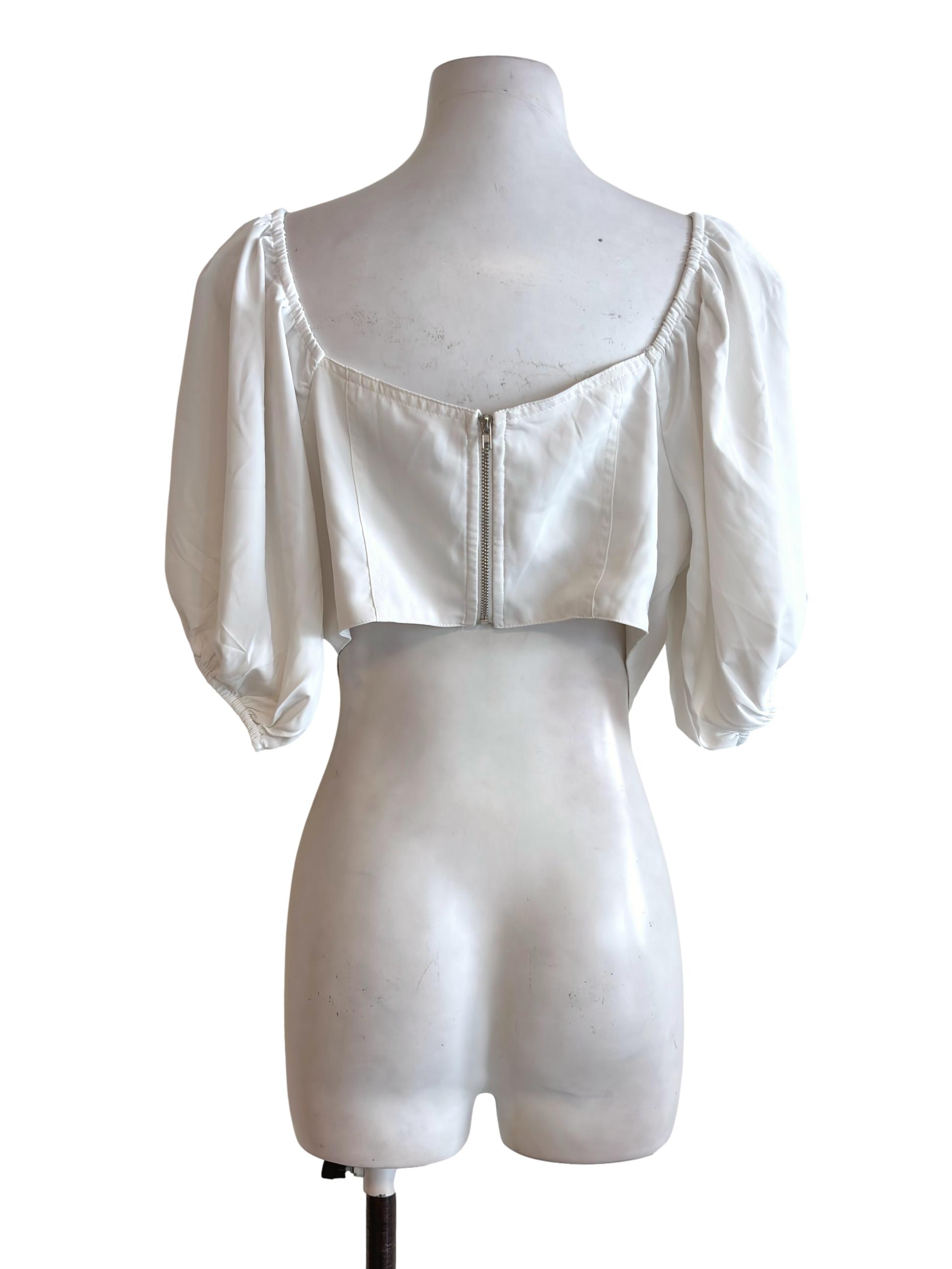 White Puff Sleeve Curved Crop Top YHF