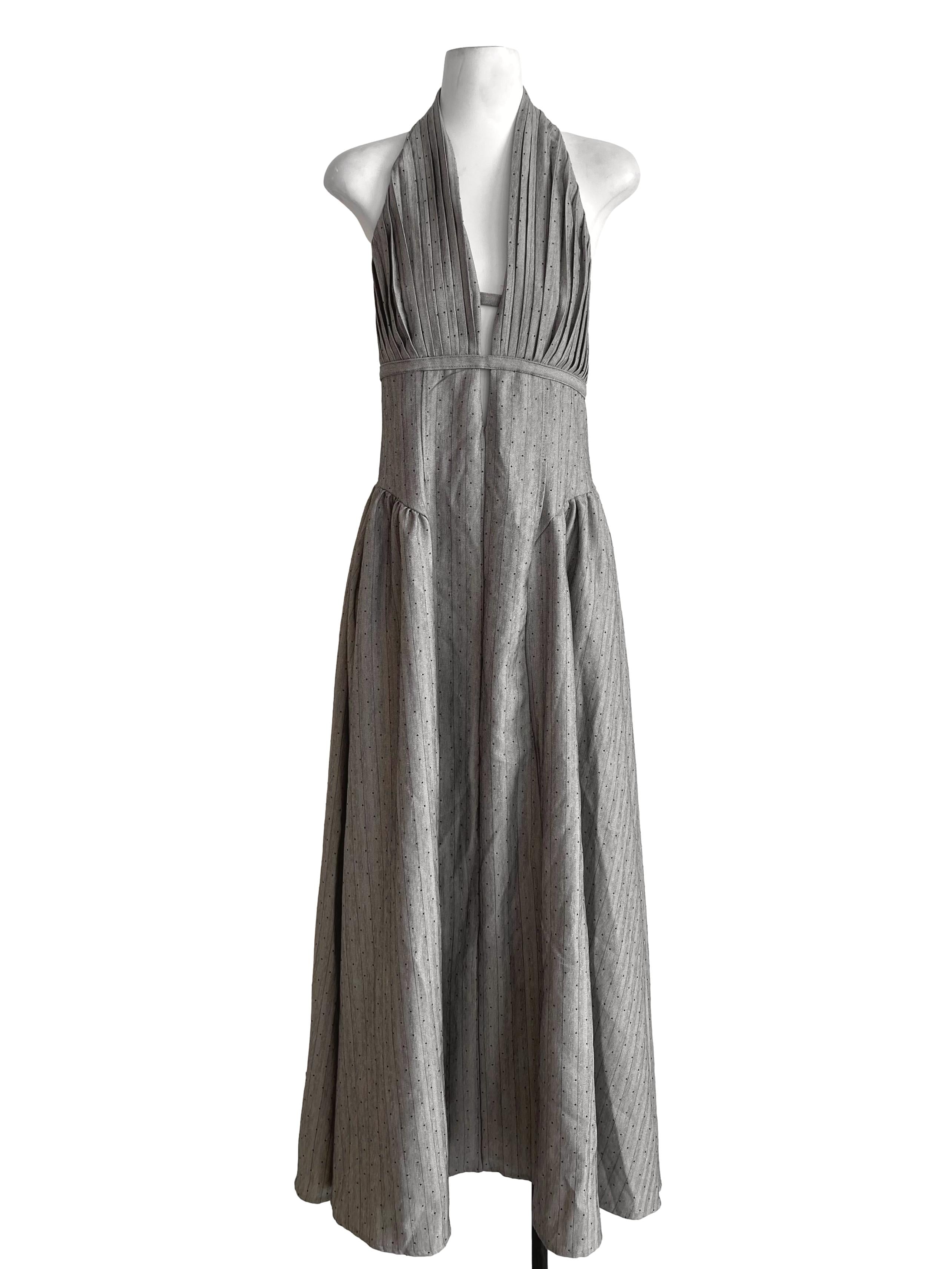 Light Glacier Grey With Black Stripes Pattern And Small Beads Halter Dress