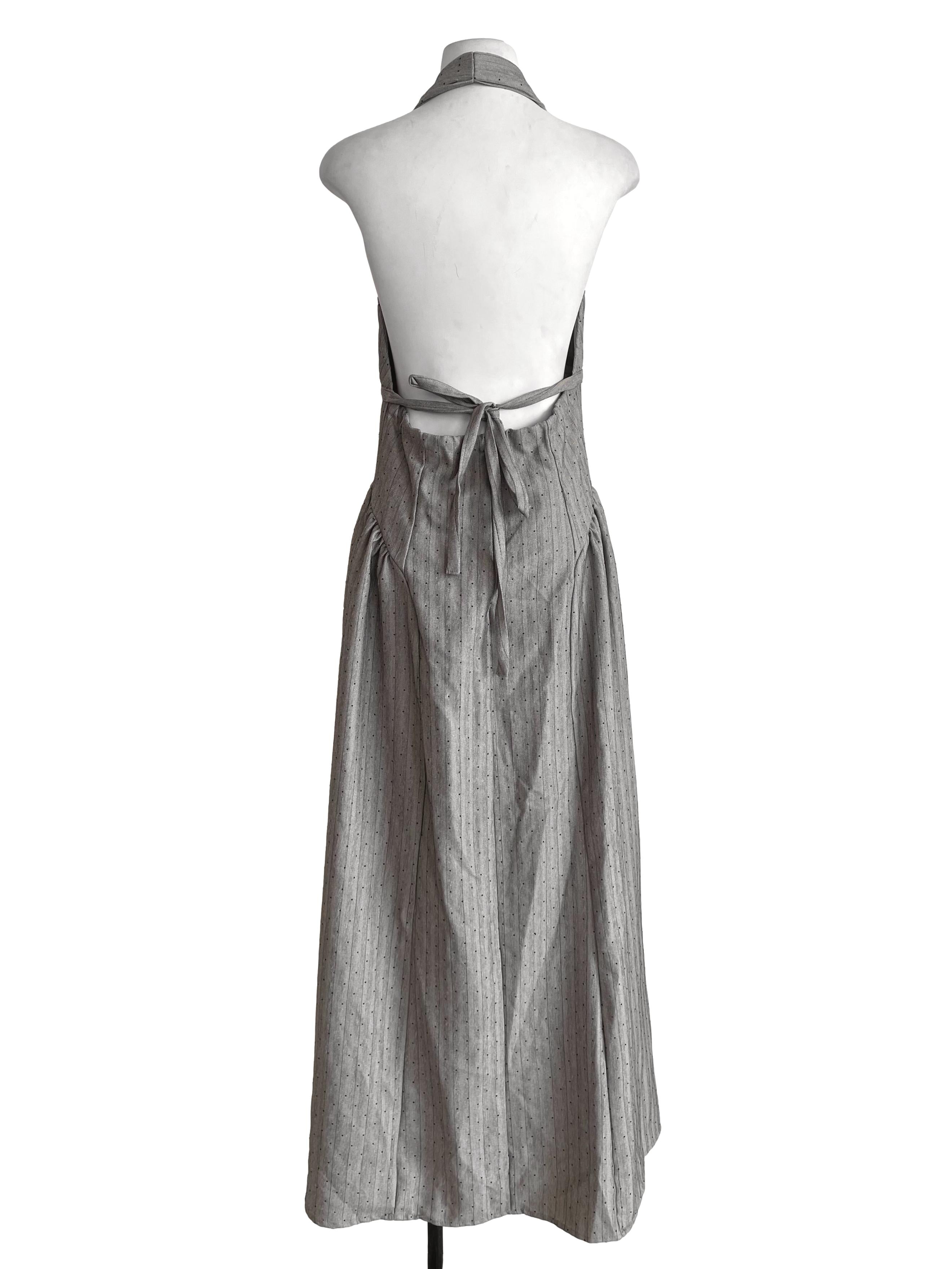 Light Glacier Grey With Black Stripes Pattern And Small Beads Halter Dress