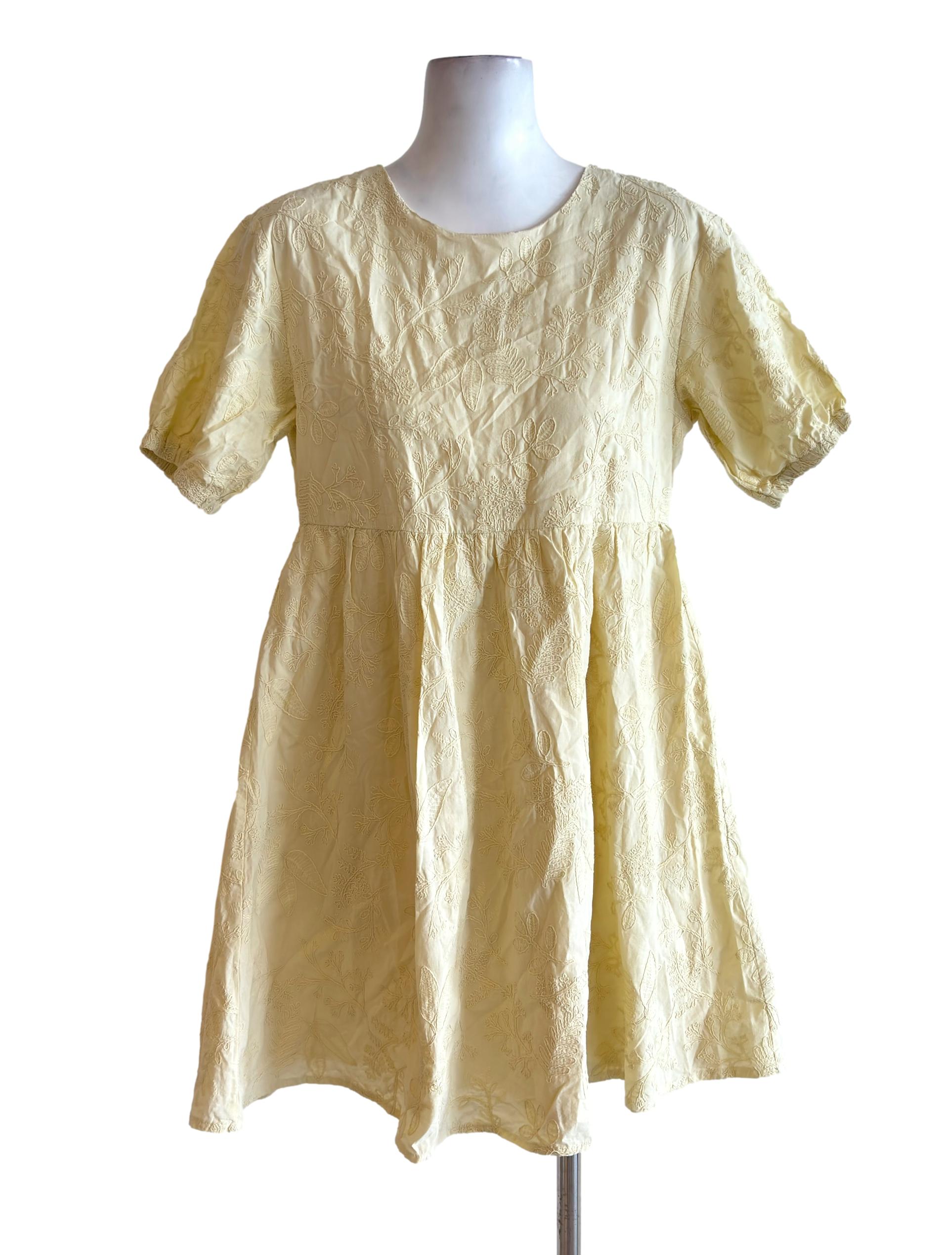 Yellow Embroidered Round Neck Mini Dress