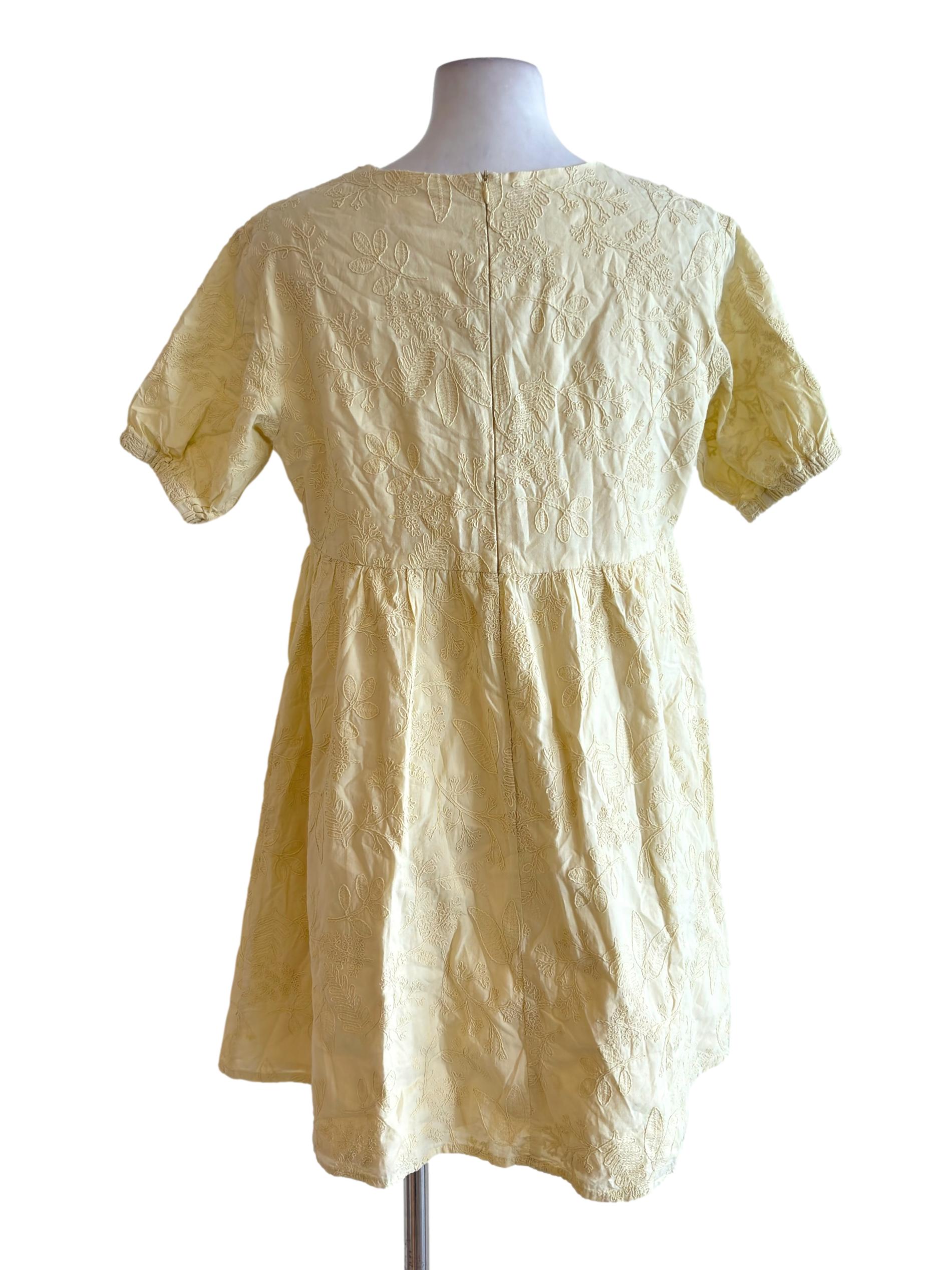 Yellow Embroidered Round Neck Mini Dress