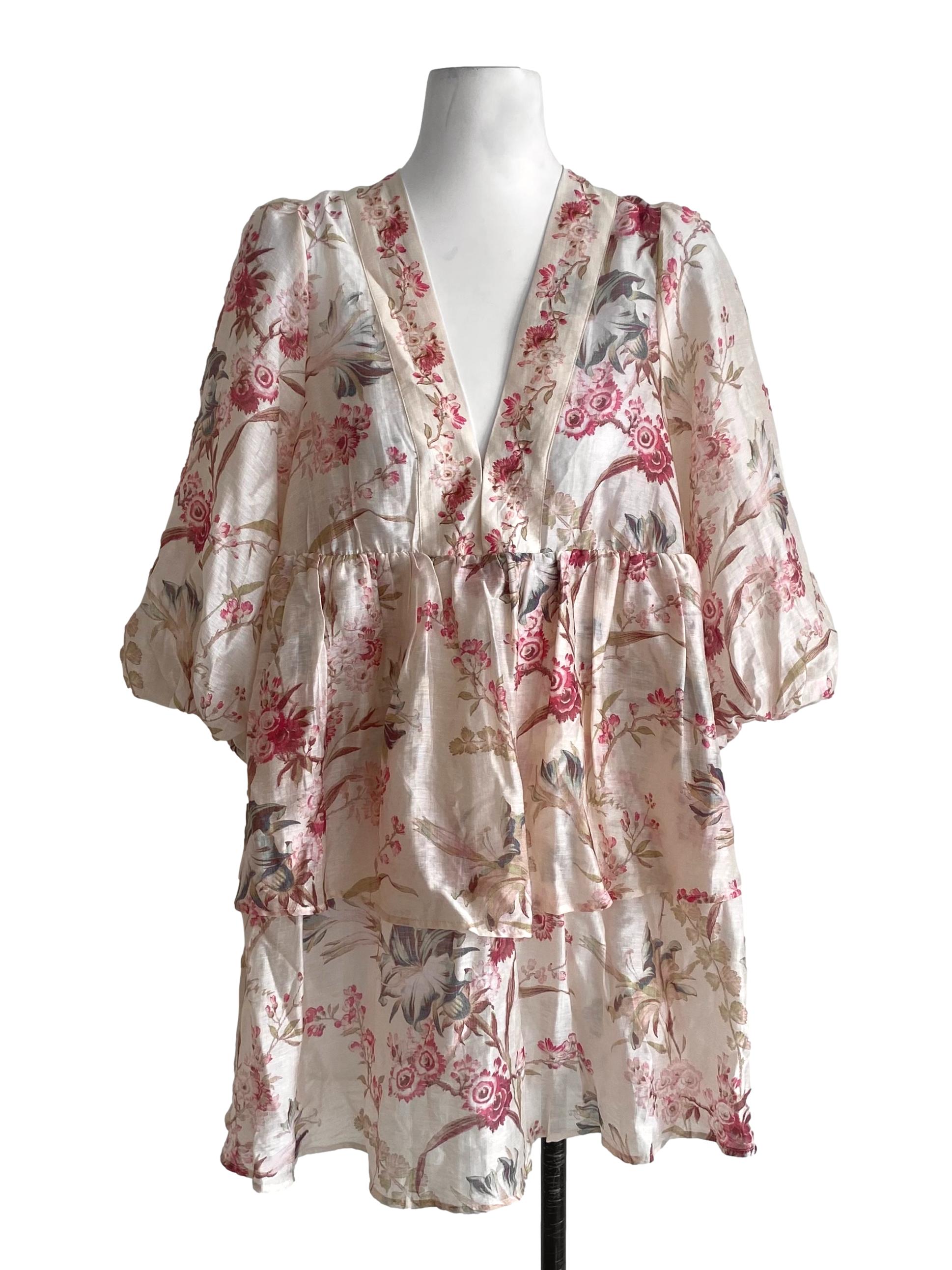 Soft Banana Yellow With Multicolor Floral Pattern Balloon Ruffle Dress