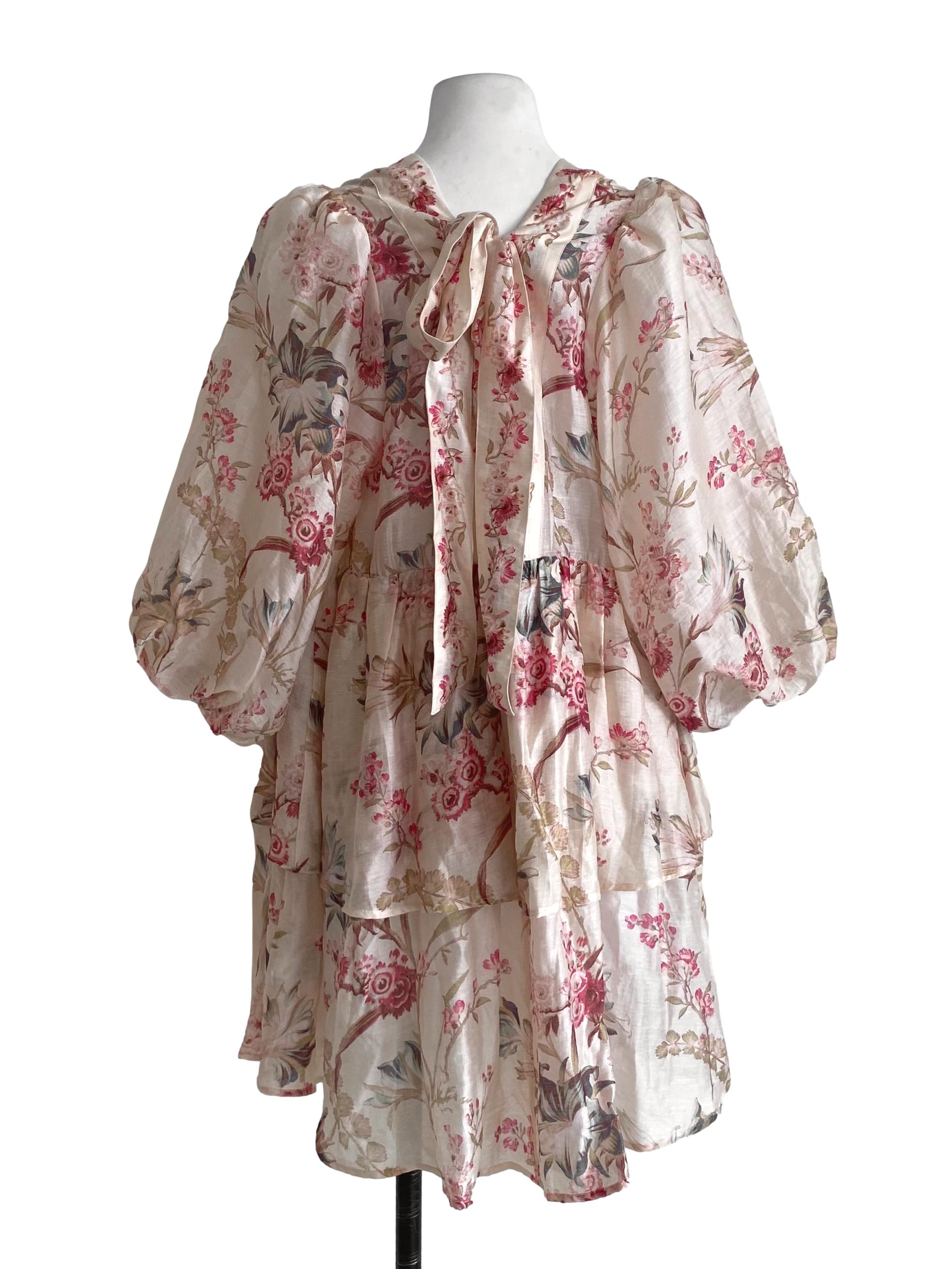 Soft Banana Yellow With Multicolor Floral Pattern Balloon Ruffle Dress