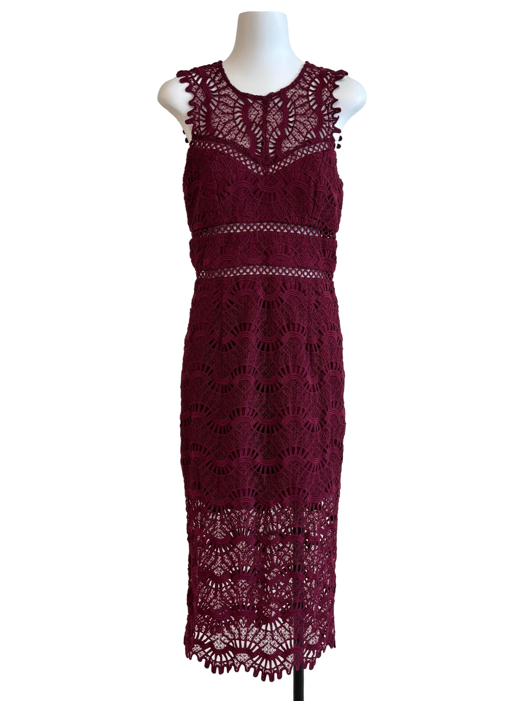 Maroon Lined Pencil Lace Dress