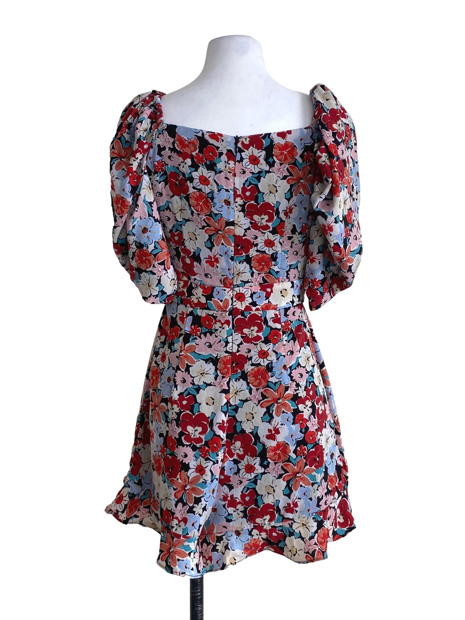 Rose Candy Red And Multicolor Floral Pattern With Black Lining V-Neck Pleated Wrap Skort Dress