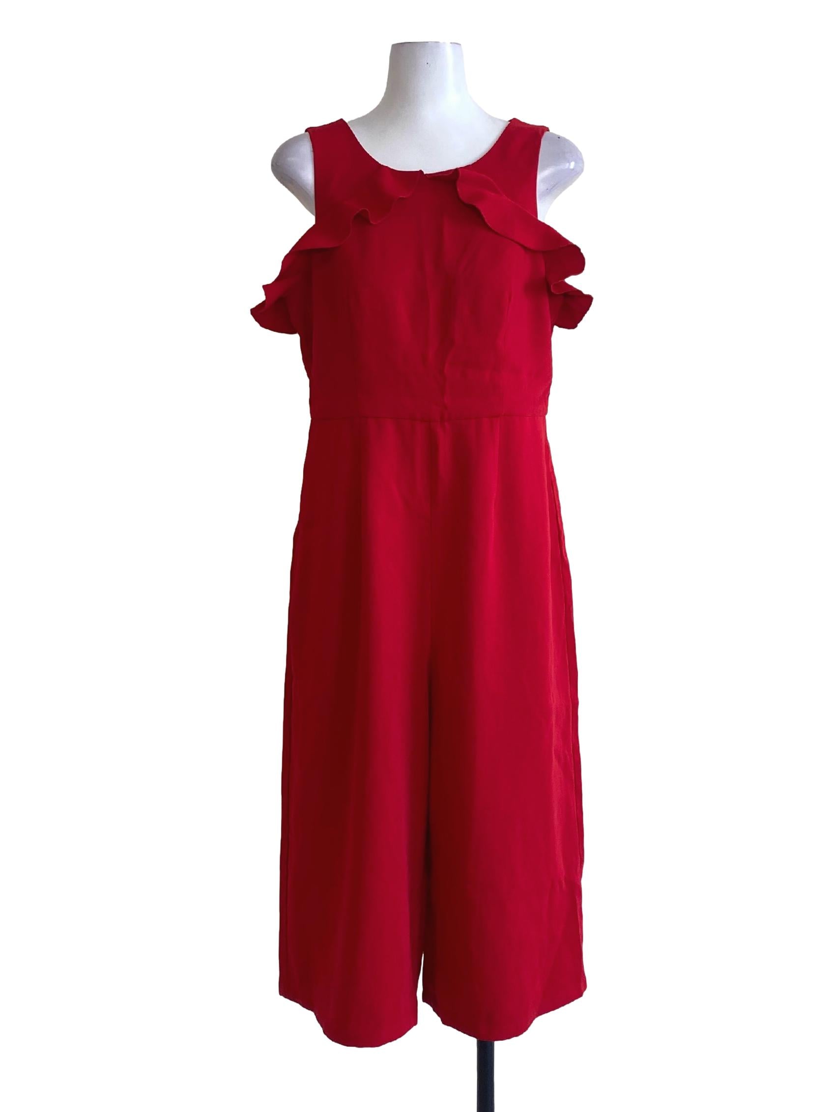 Crimson Red Round Neck Ruffle Detail Wide Leg Jumpsuit LB