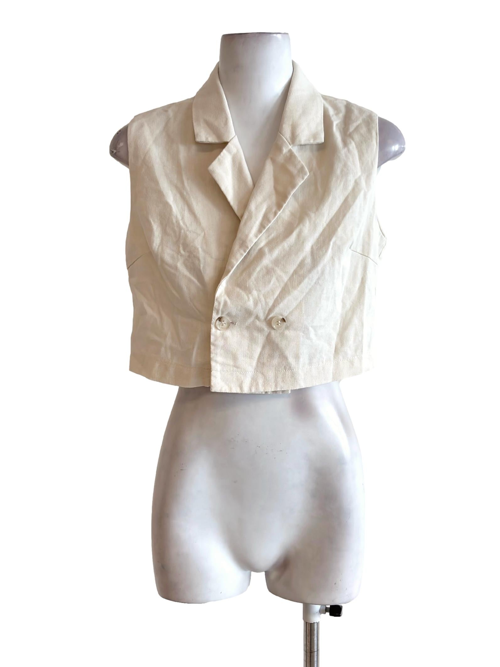 Beige Unlined Collared Cropped Vest