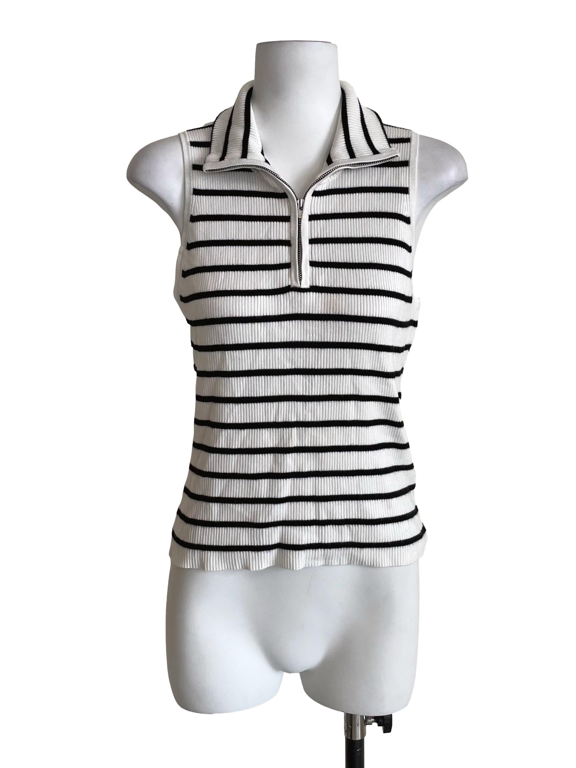 White & Black Bengal Stripes Zip Up Knit Top LB