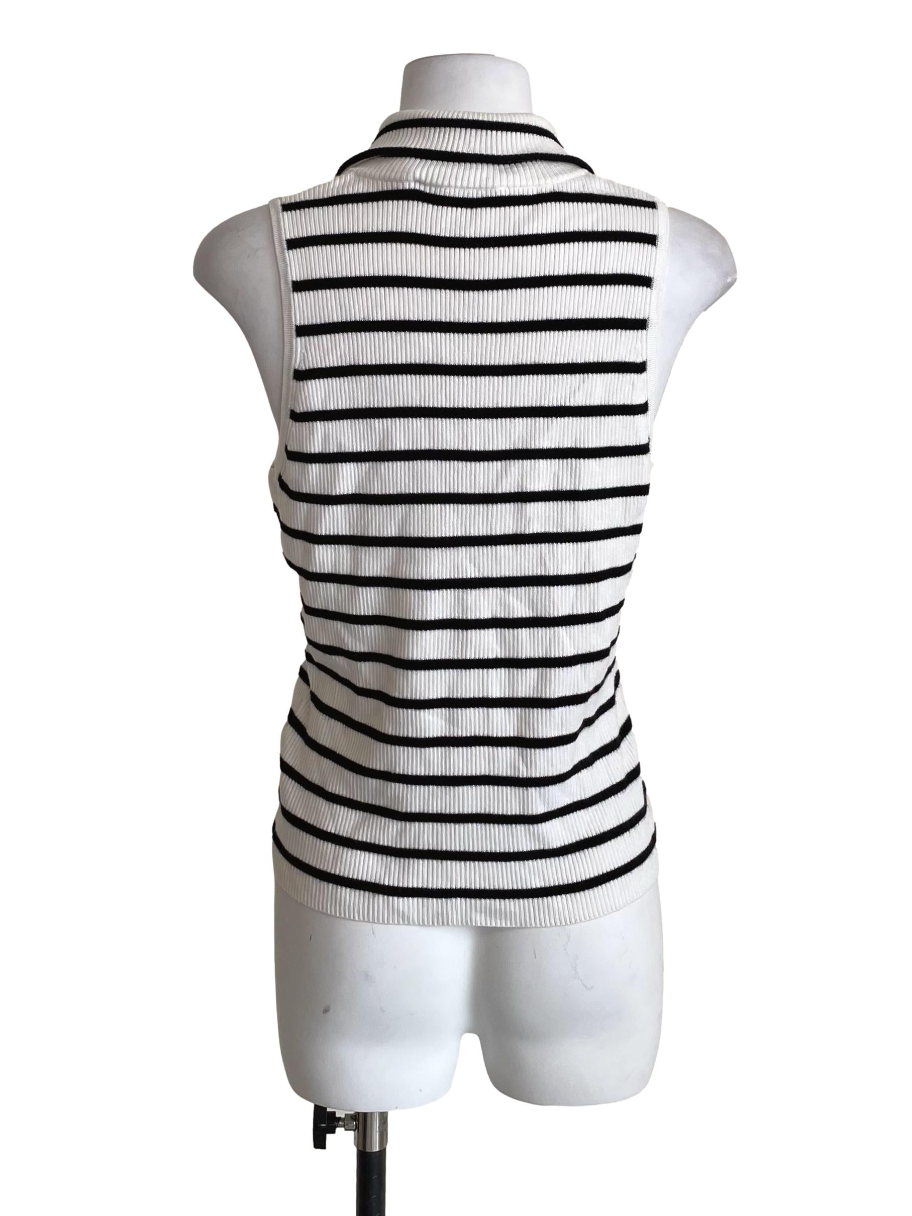 White & Black Bengal Stripes Zip Up Knit Top LB