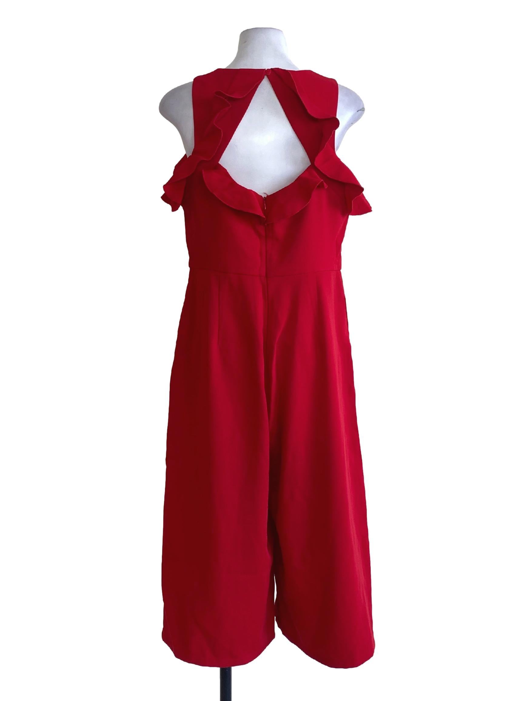 Crimson Red Round Neck Ruffle Detail Wide Leg Jumpsuit LB