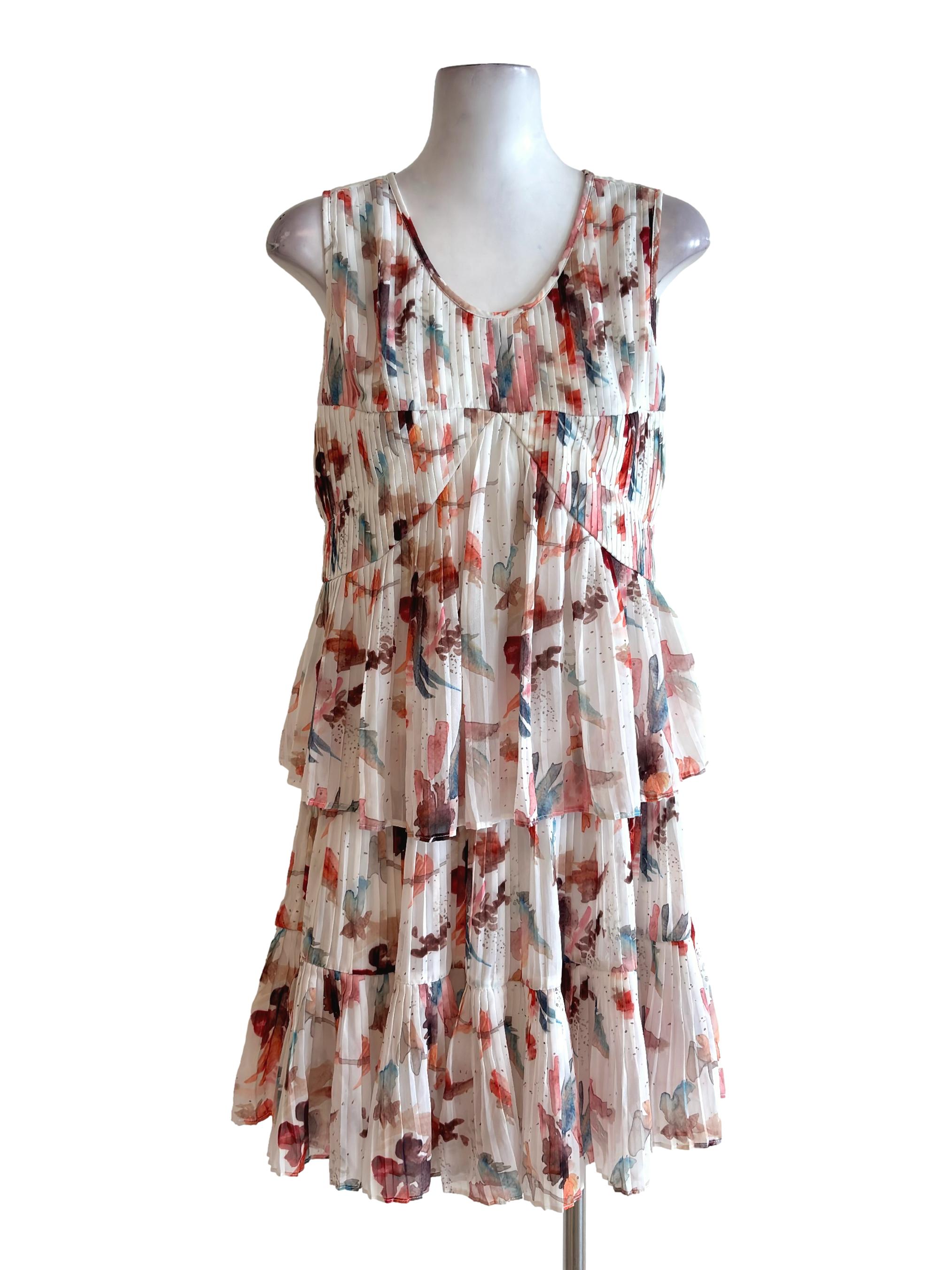 Cream Print Pleated Tiered Sheer Dress