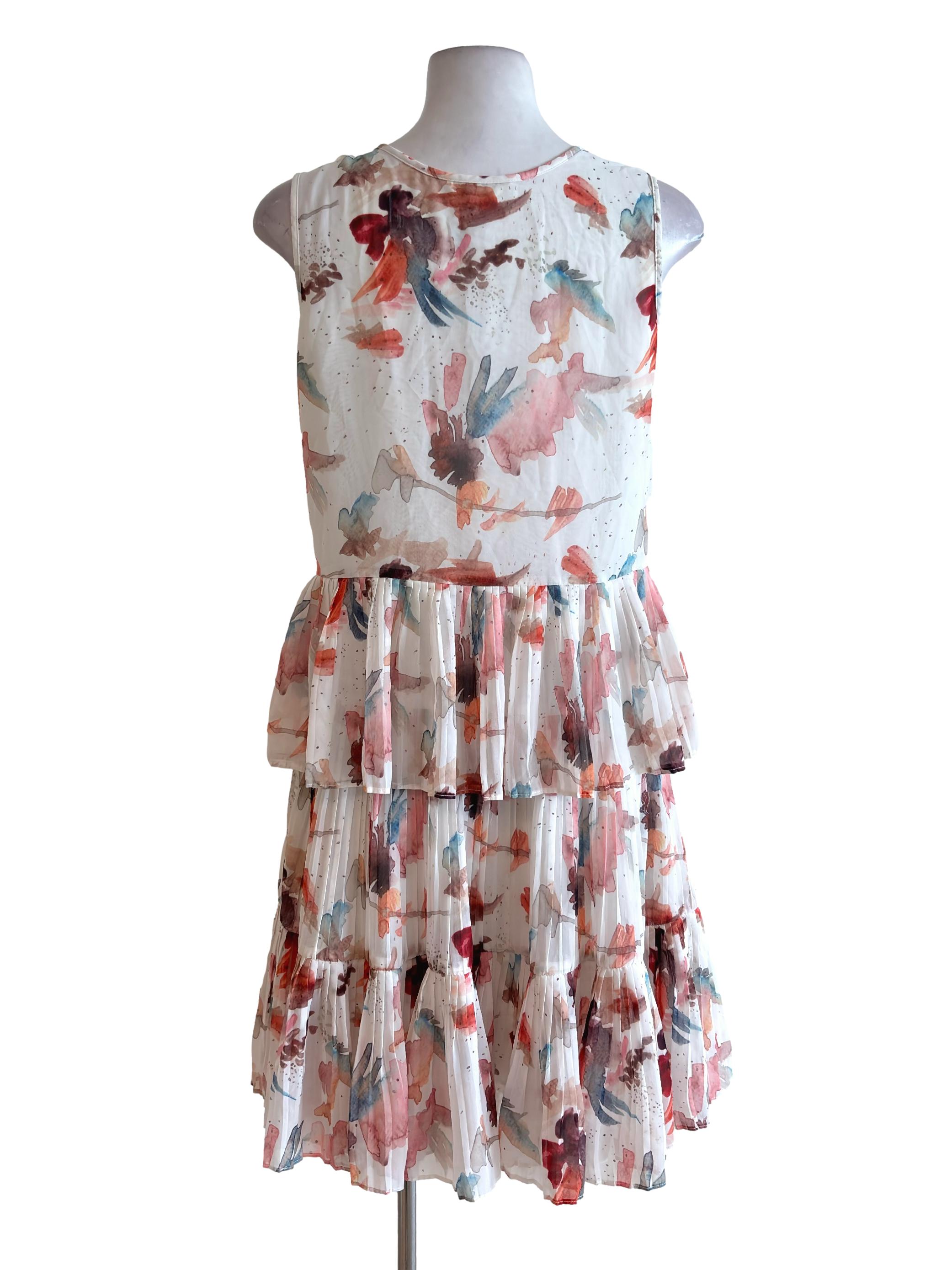 Cream Print Pleated Tiered Sheer Dress