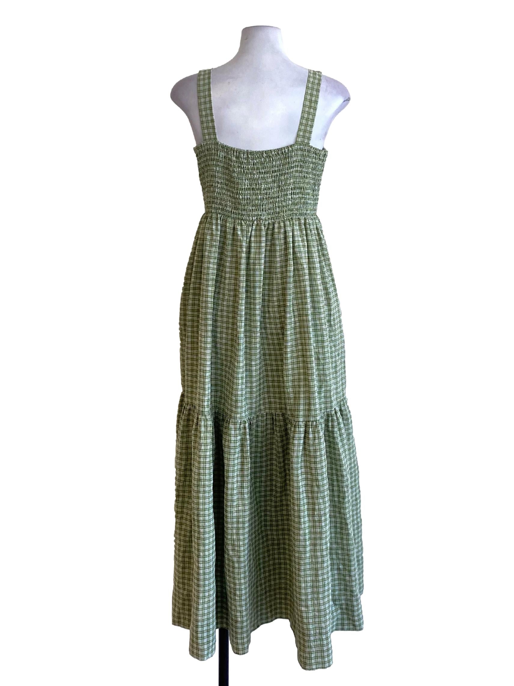 Dark Sage Green Plaid Square Neck Layered Dress