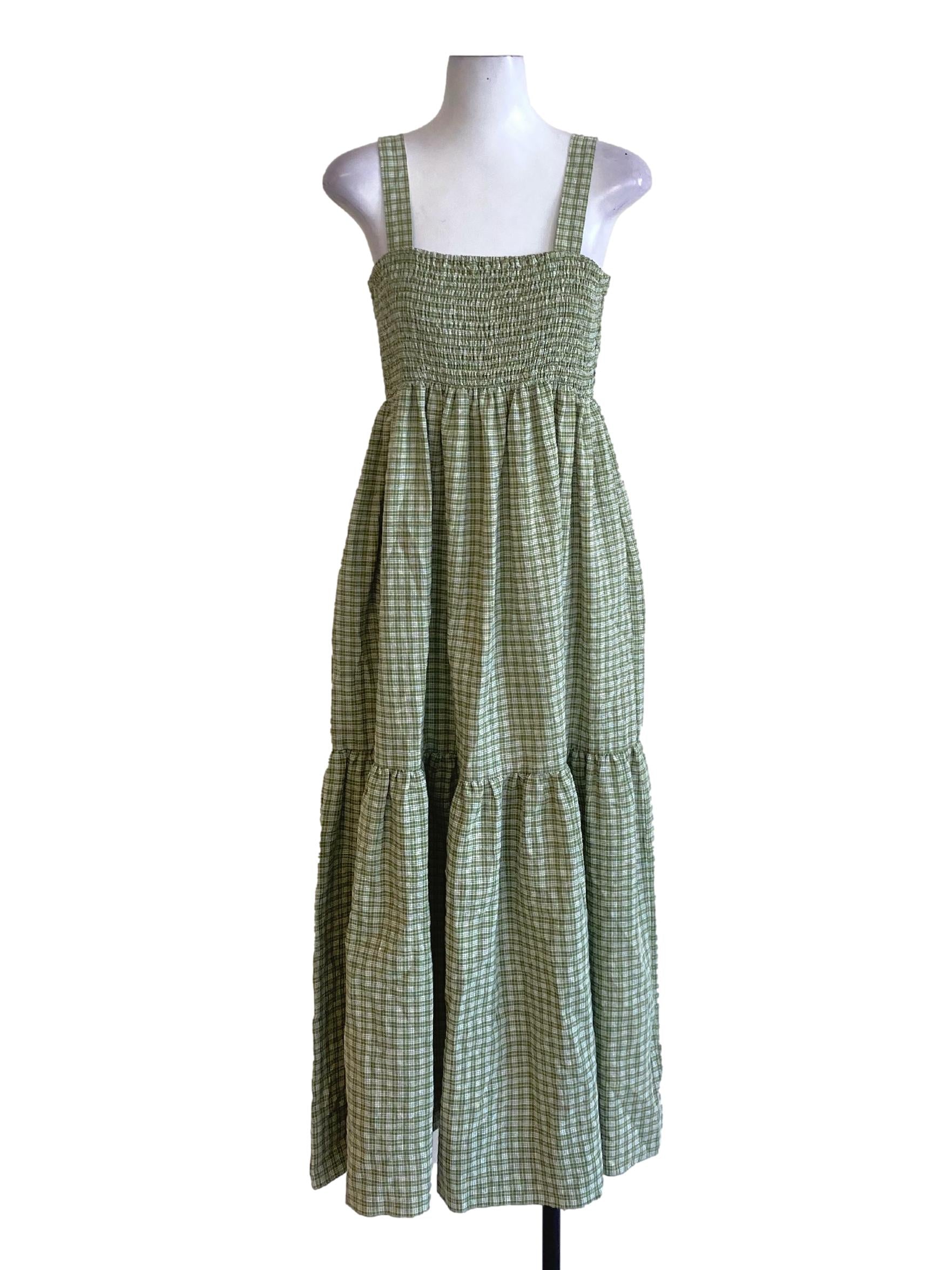 Dark Sage Green Plaid Square Neck Layered Dress