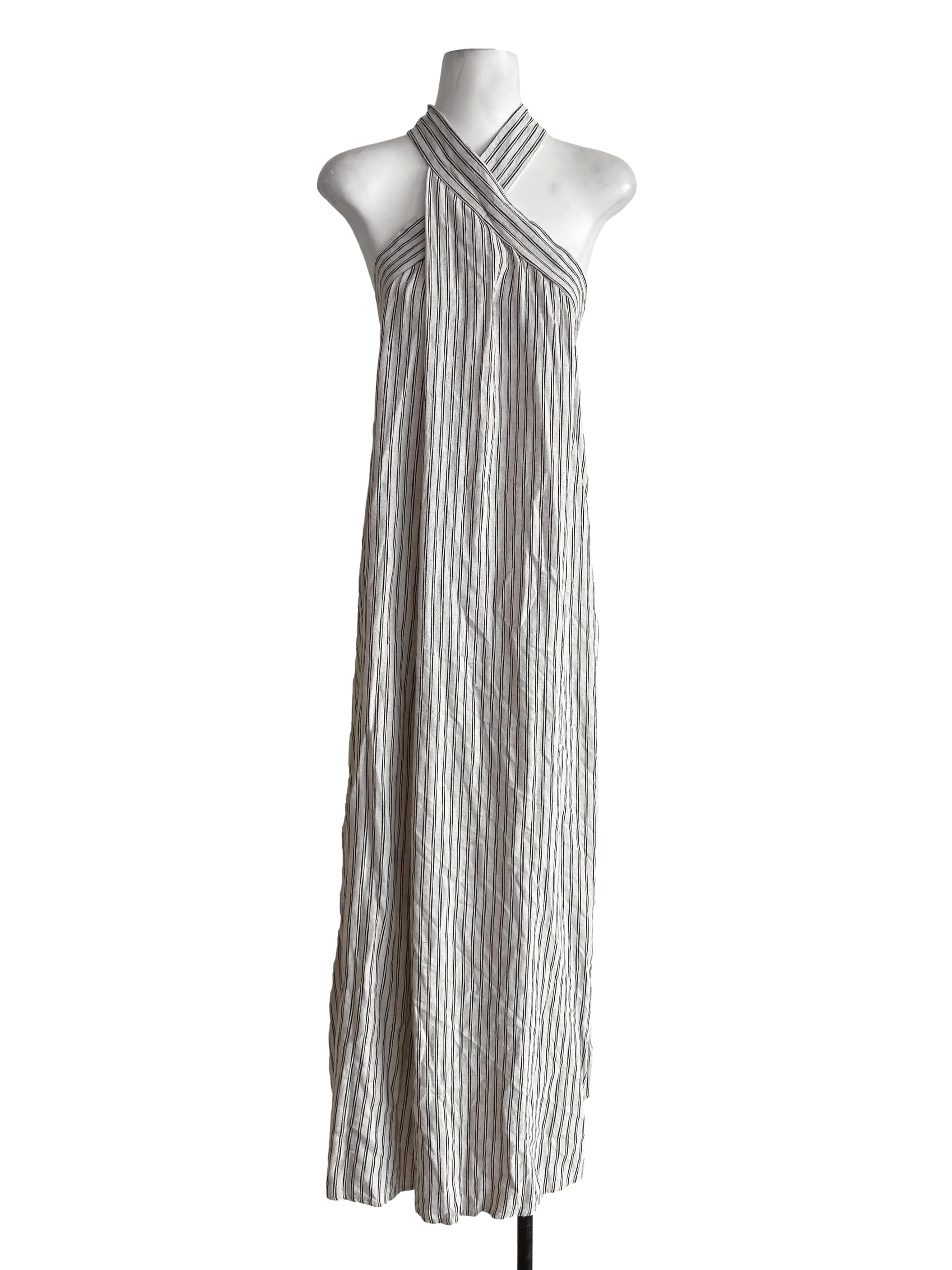 Linen White With Black Stripes Halter Dress