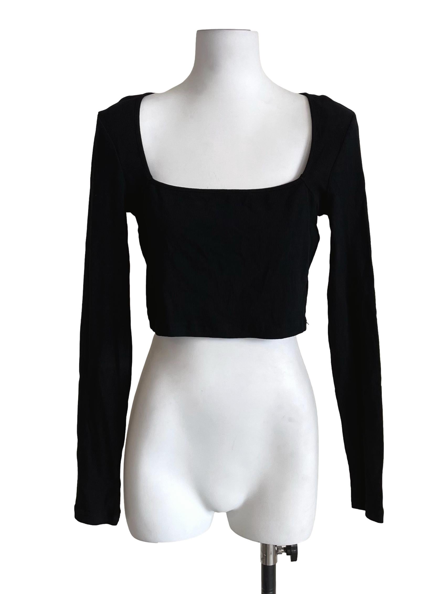 Black Square Neck Knit Crop Top YHF