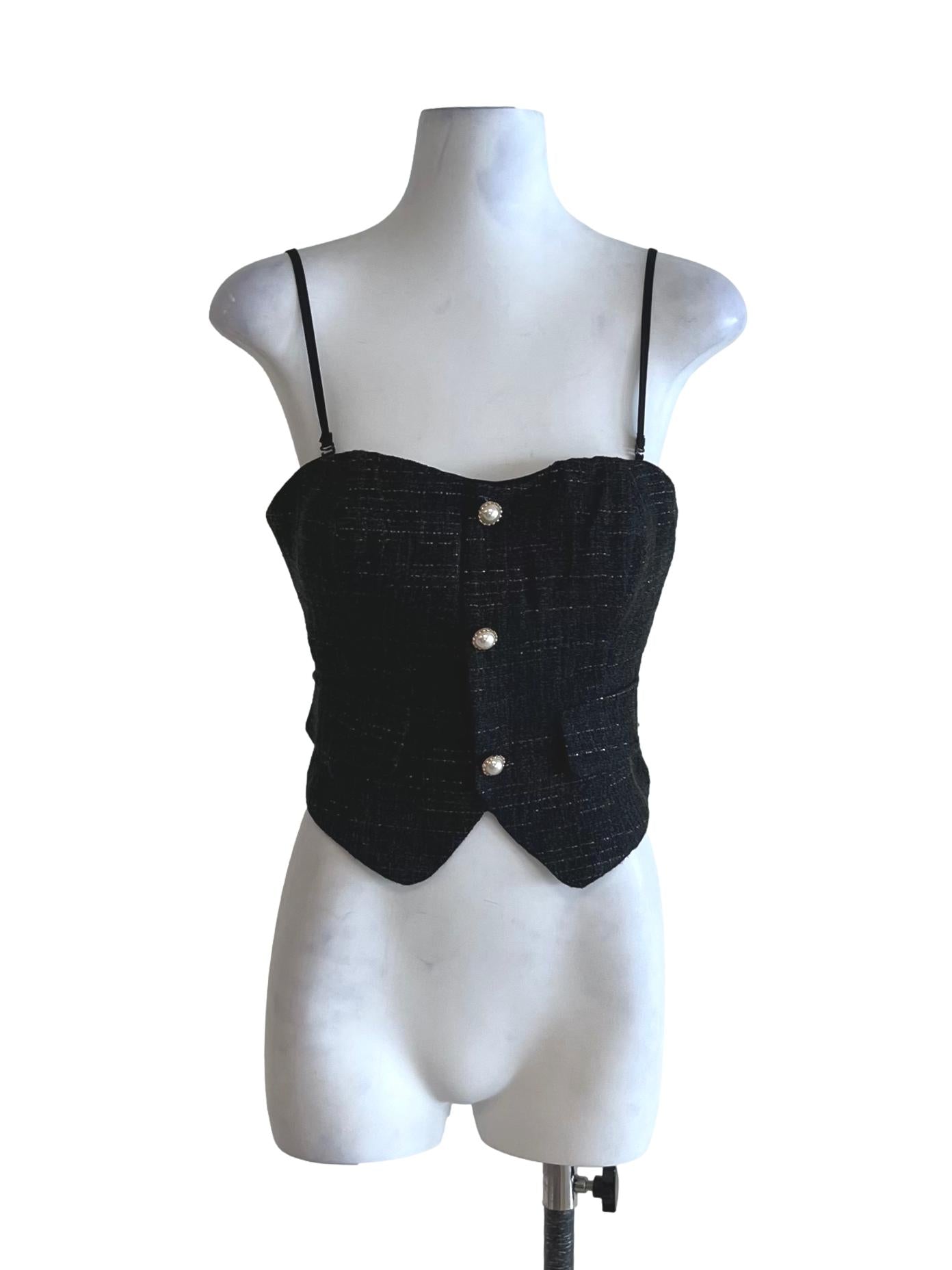 Black Spaghetti Strap Tweed Top