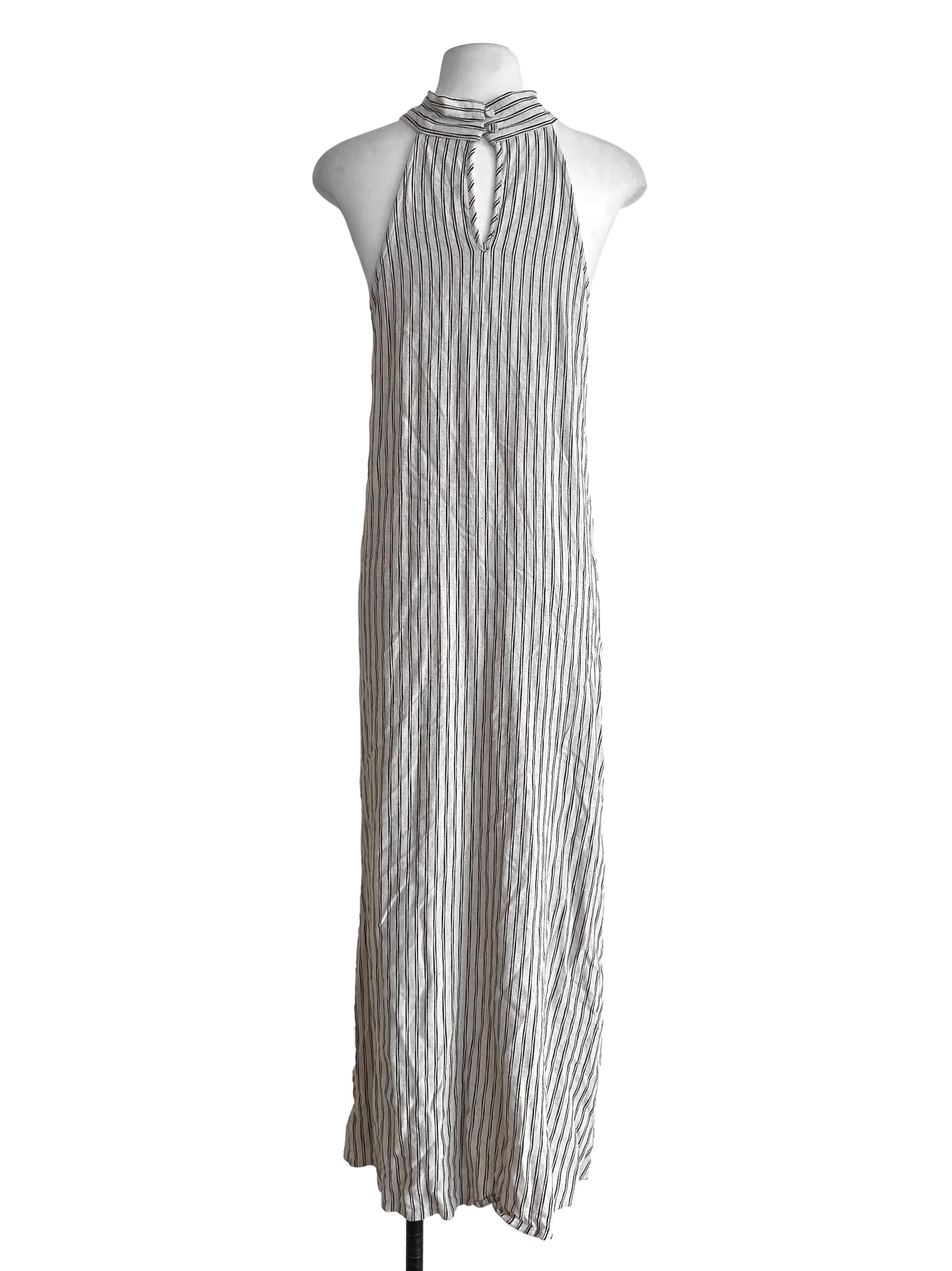 Linen White With Black Stripes Halter Dress