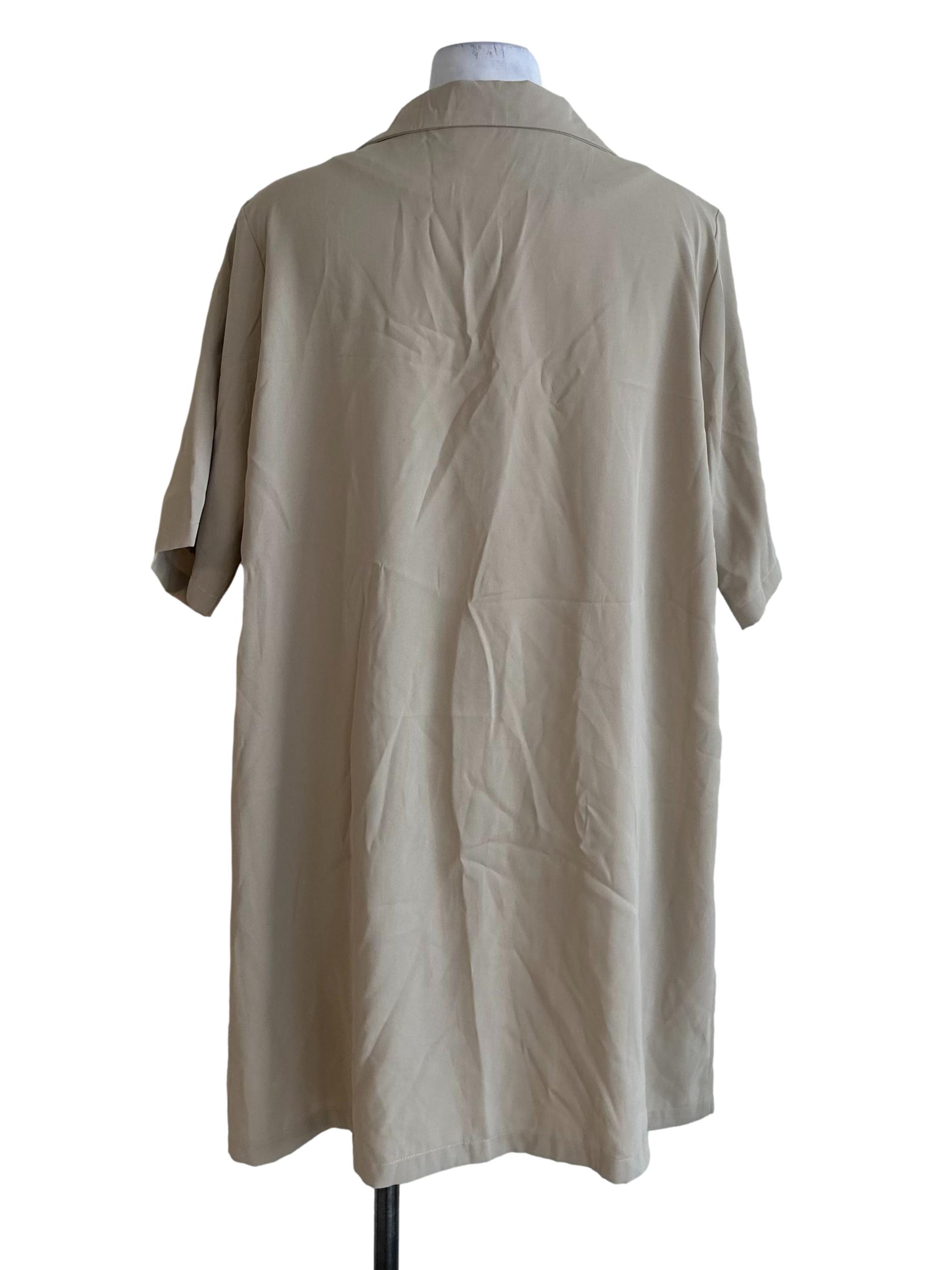 Sand Beige V Neck Collar Button Shirt Dress