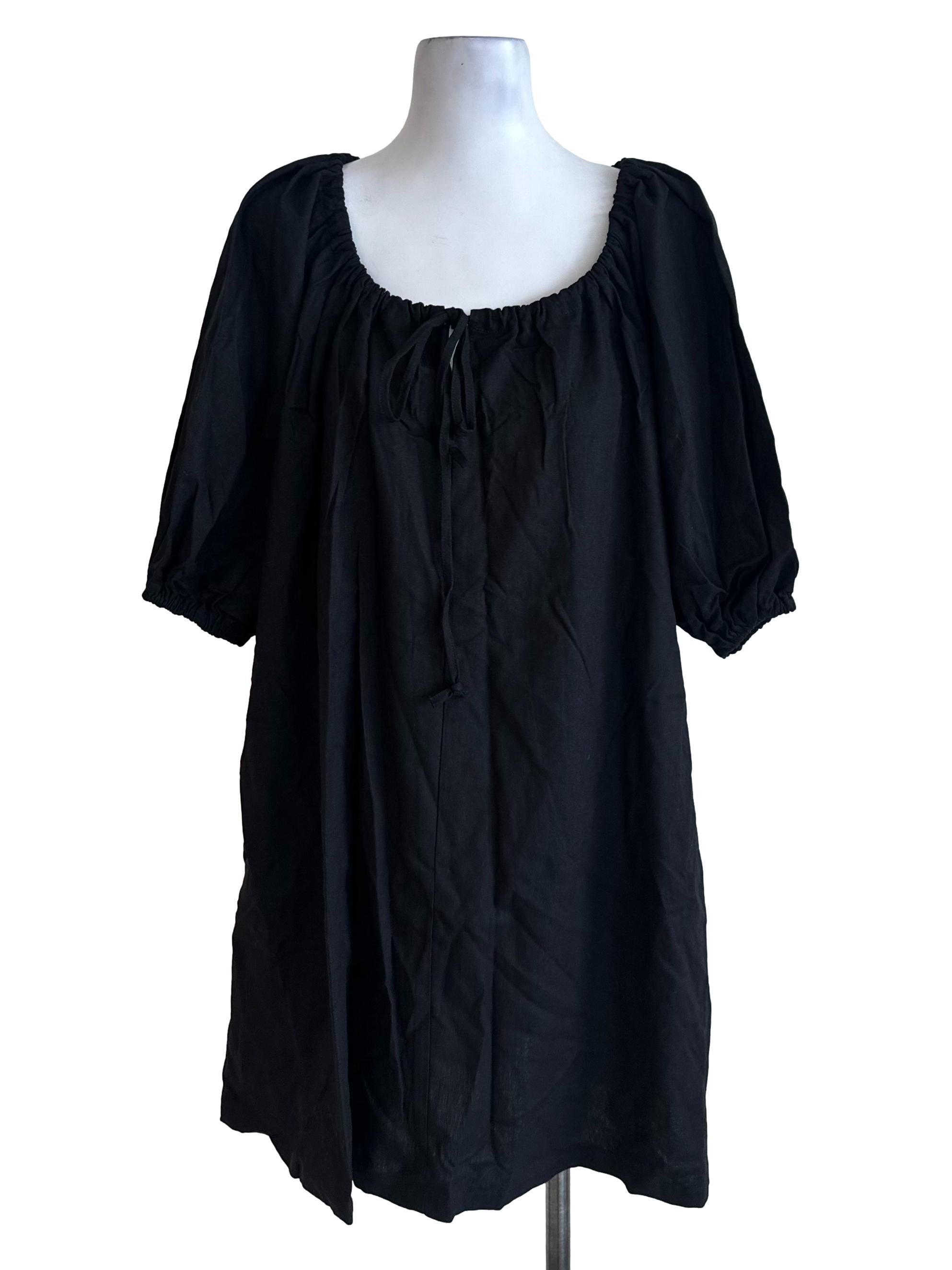 Rich Black Scoop Puff Sleeve Dress