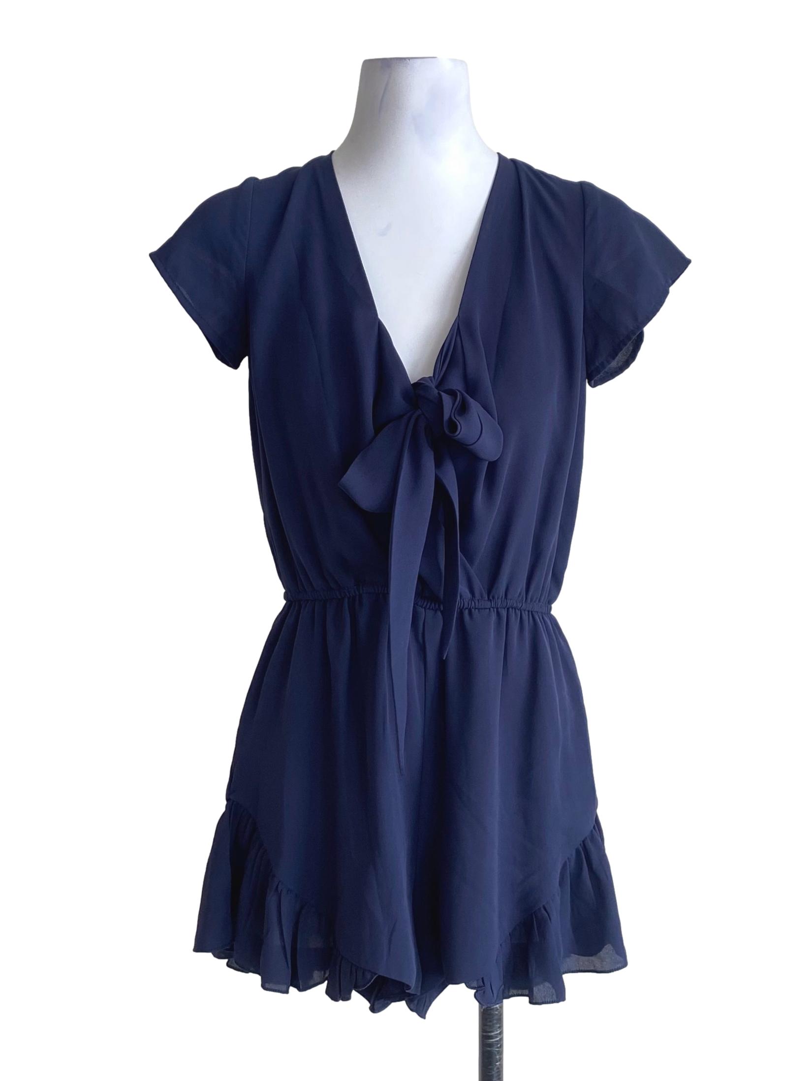 Navy Blue V-Neck Tie Ribbon Ruffle Skort Dress