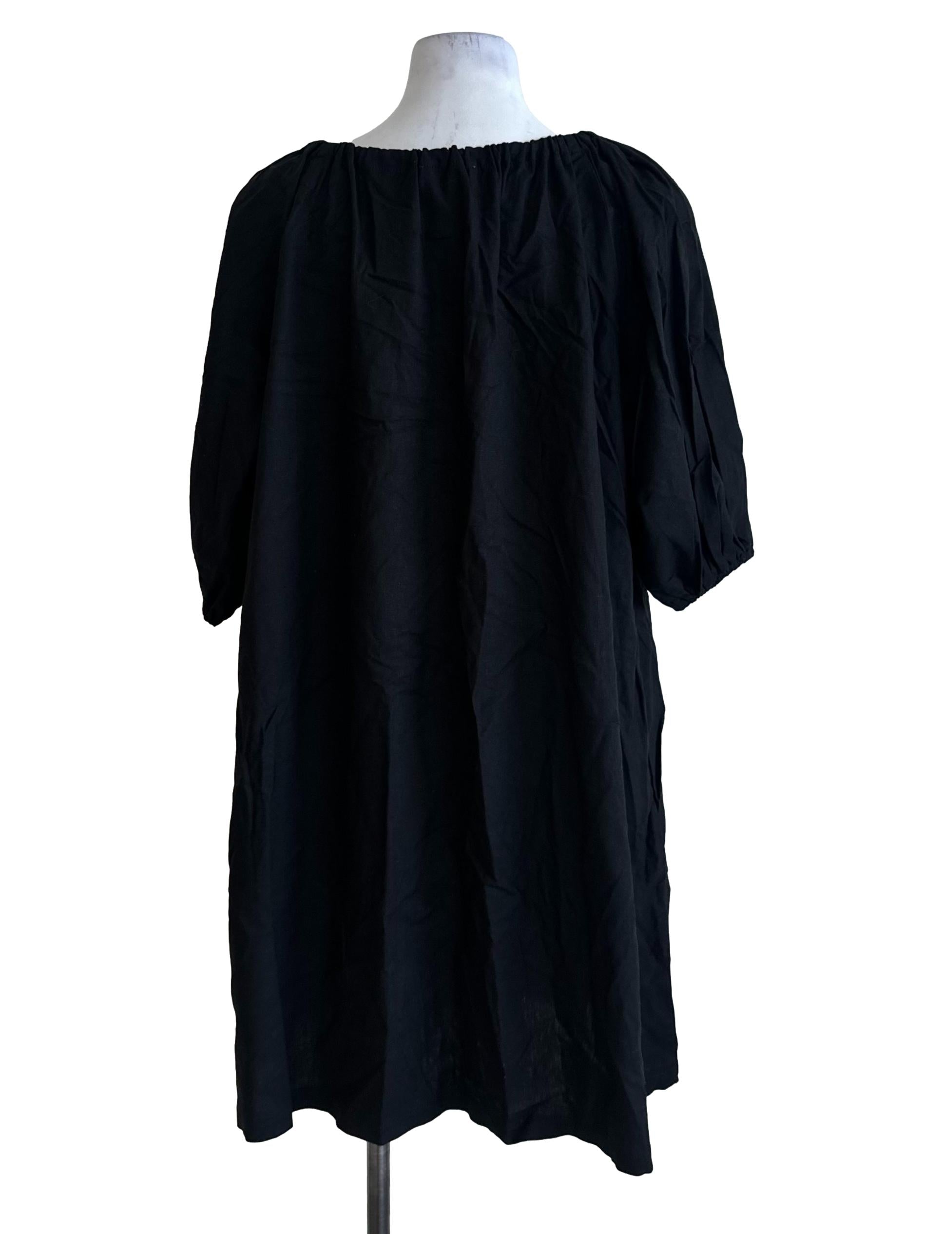 Rich Black Scoop Puff Sleeve Dress