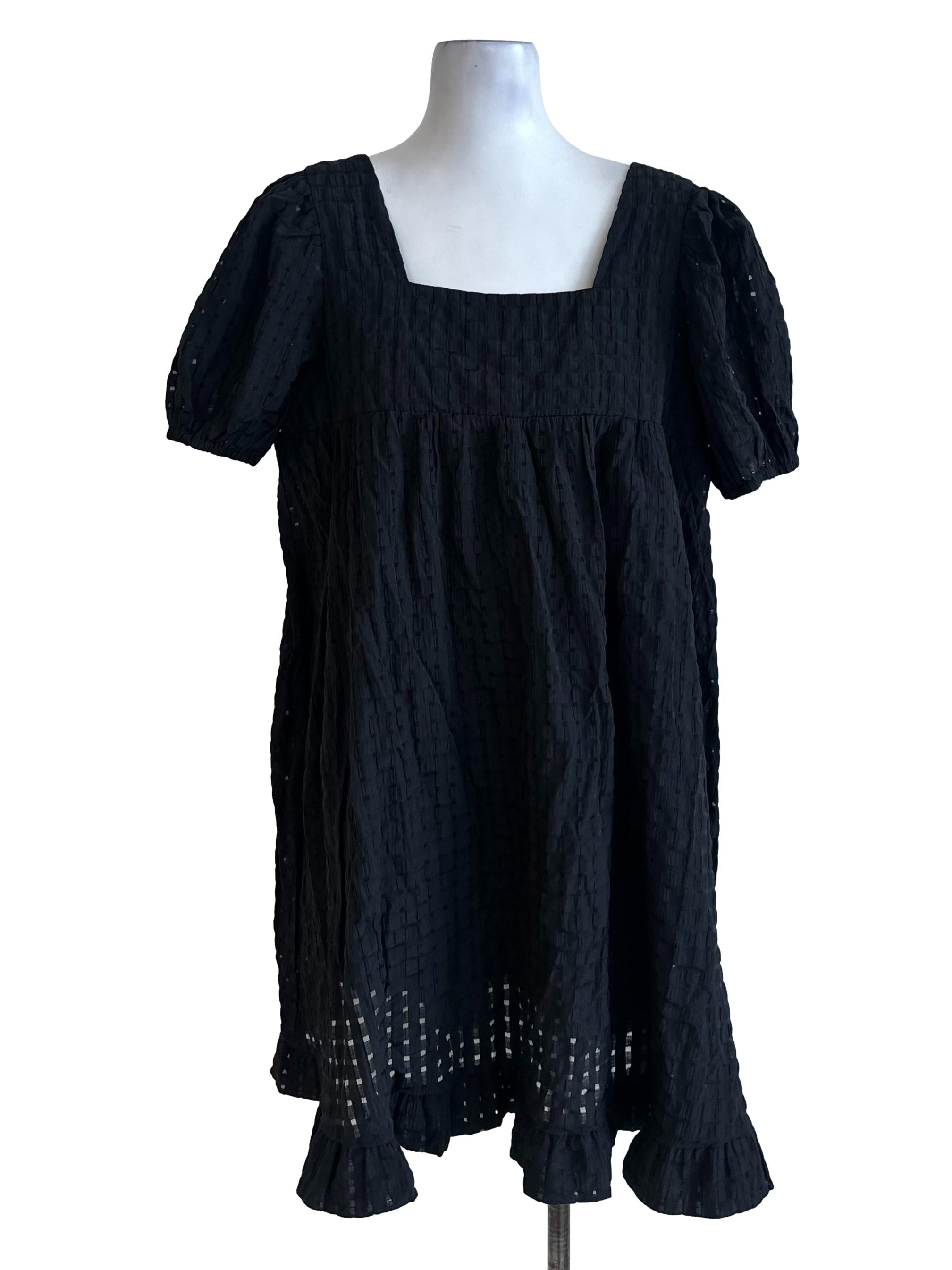 Charcoal Black Plaid Textured Square Neck Dress
