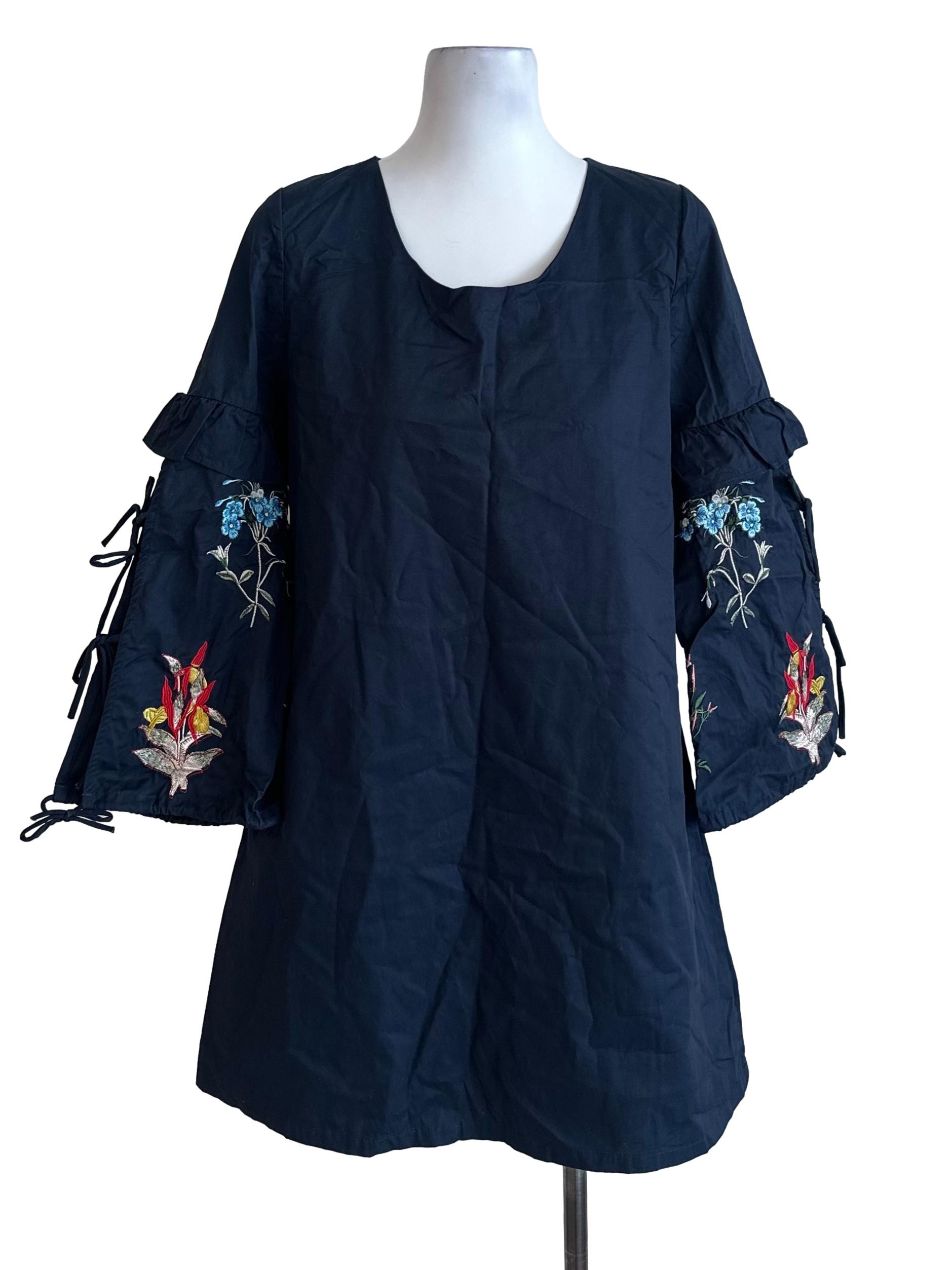 Navy Blue Floral Embroidery Ribbon Dress