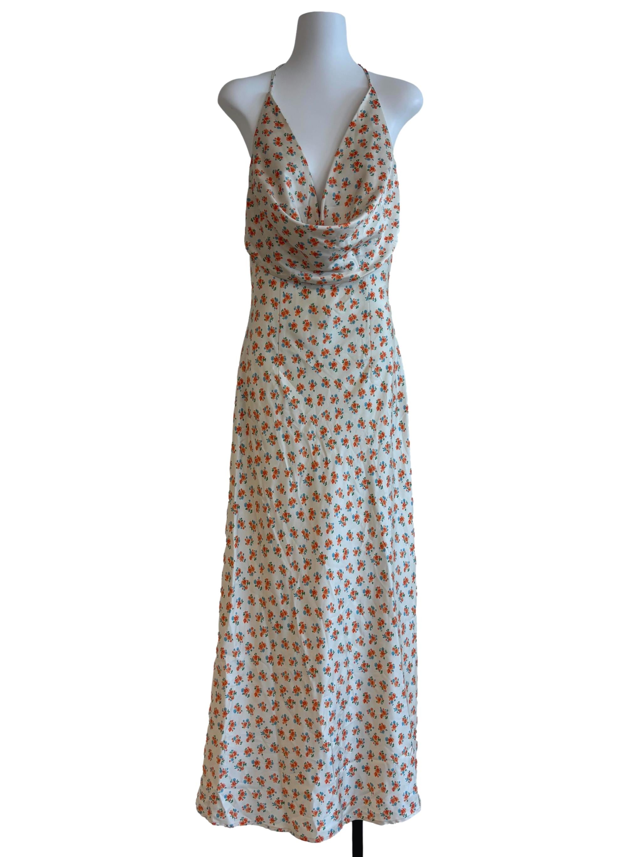 Alabaster White Floral Satin Cowl Dress
