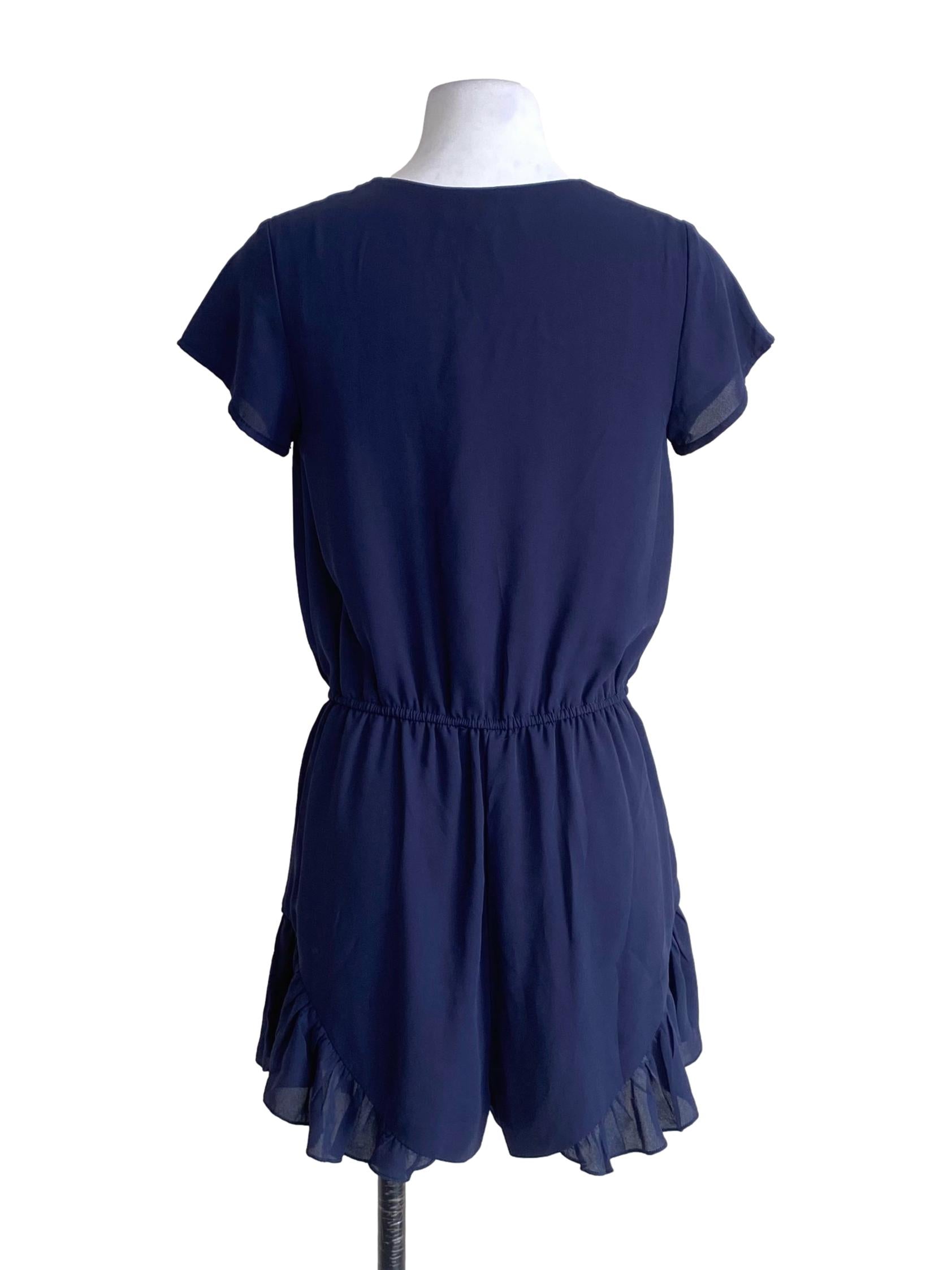 Navy Blue V-Neck Tie Ribbon Ruffle Skort Dress