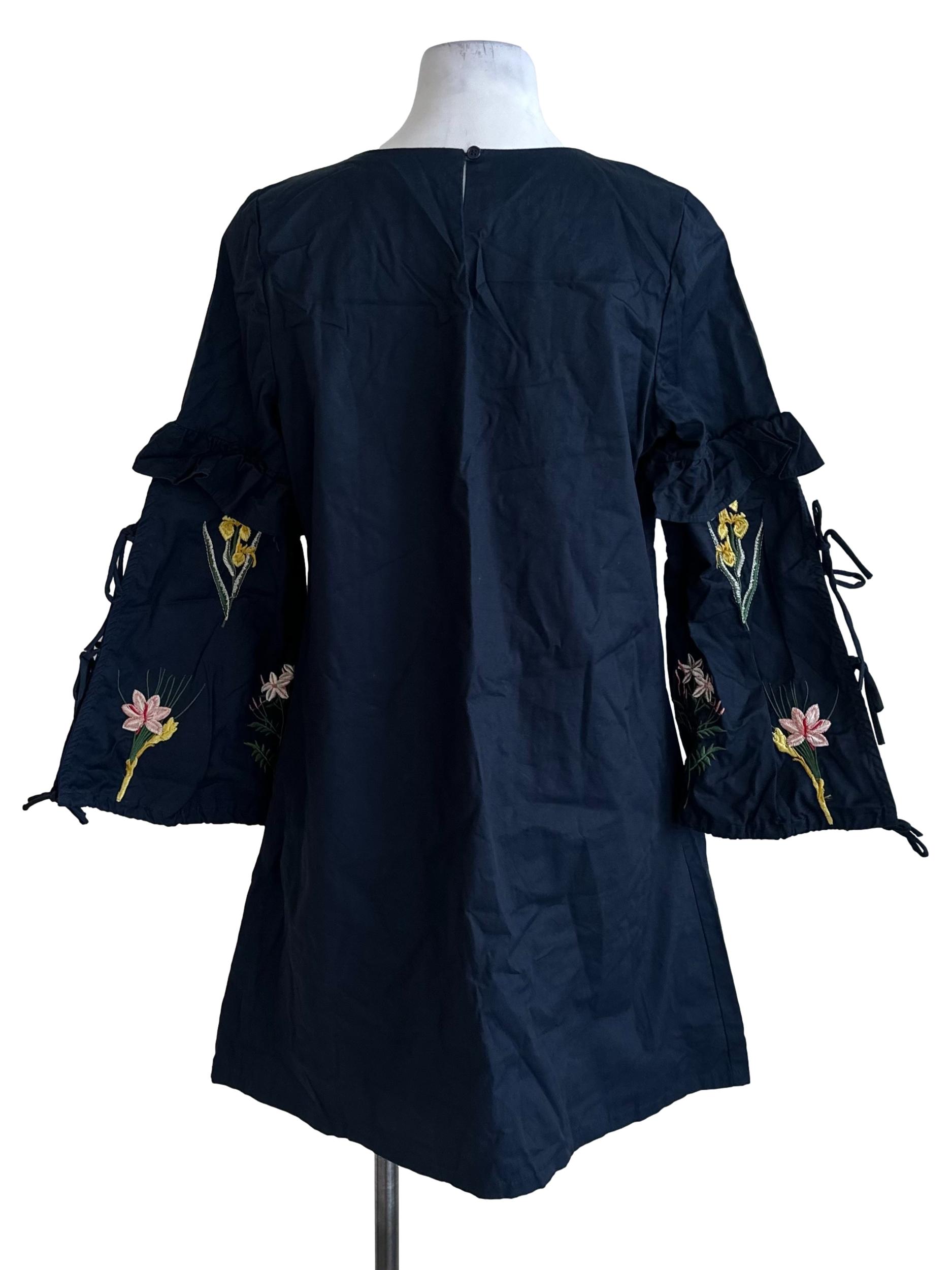 Navy Blue Floral Embroidery Ribbon Dress