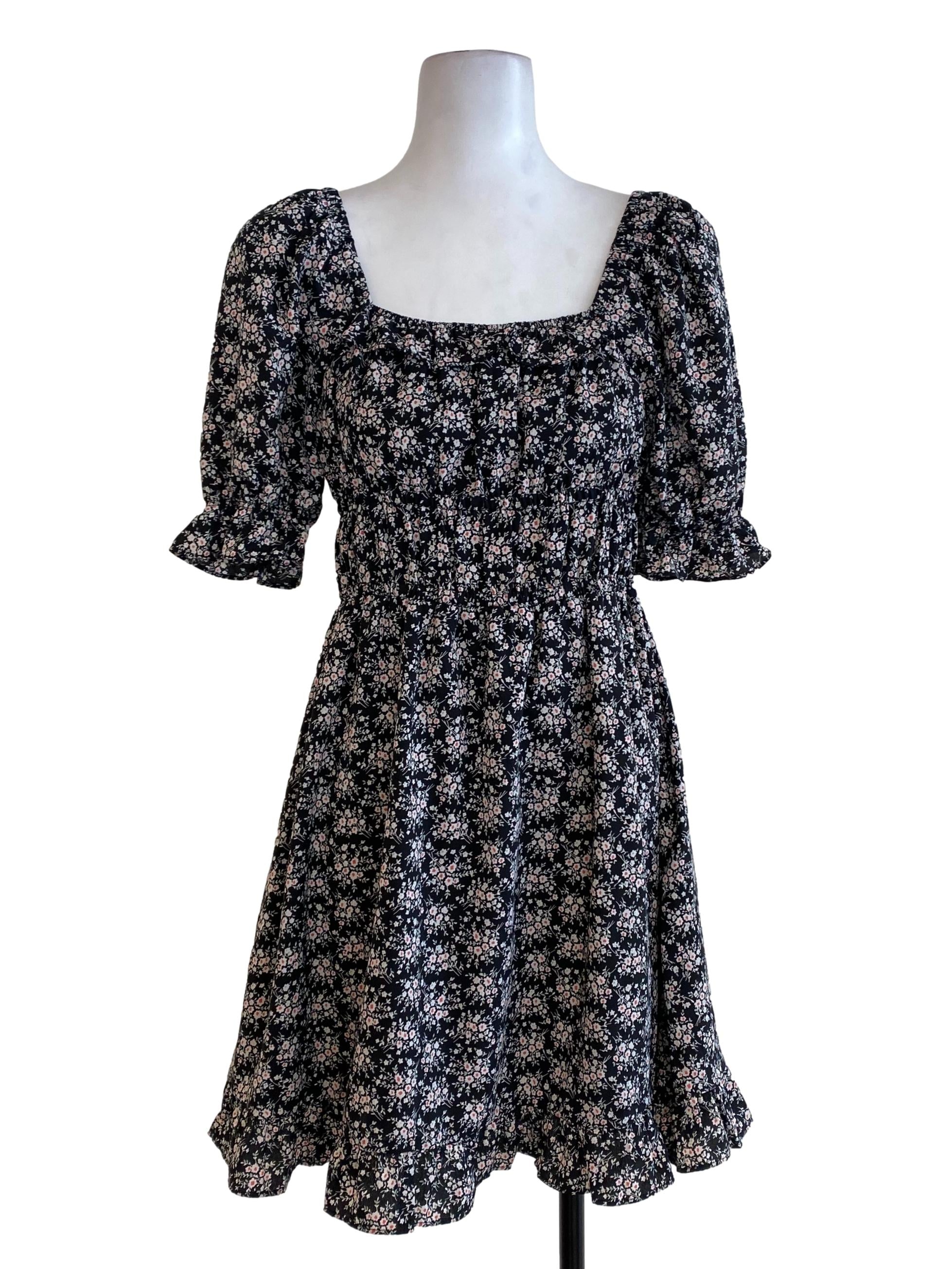 Black Floral Blouson Dress