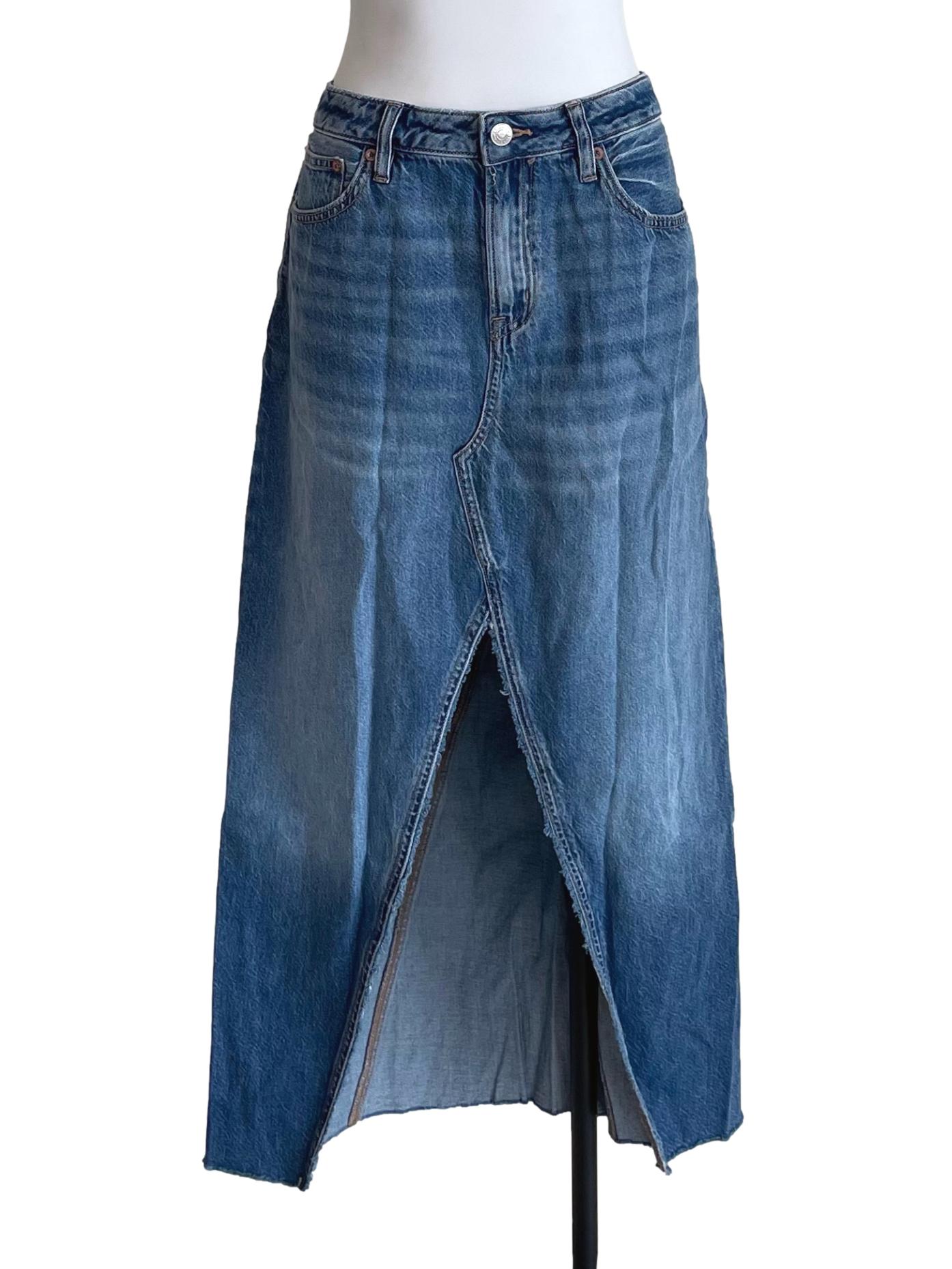 Blue Distressed Slit Jean Skirt