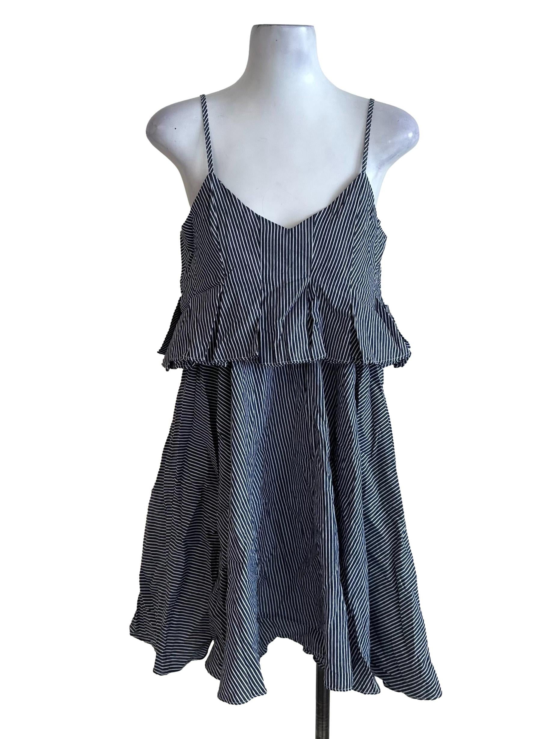 Blue White Stripe Pattern V Neck Box Pleated Dress